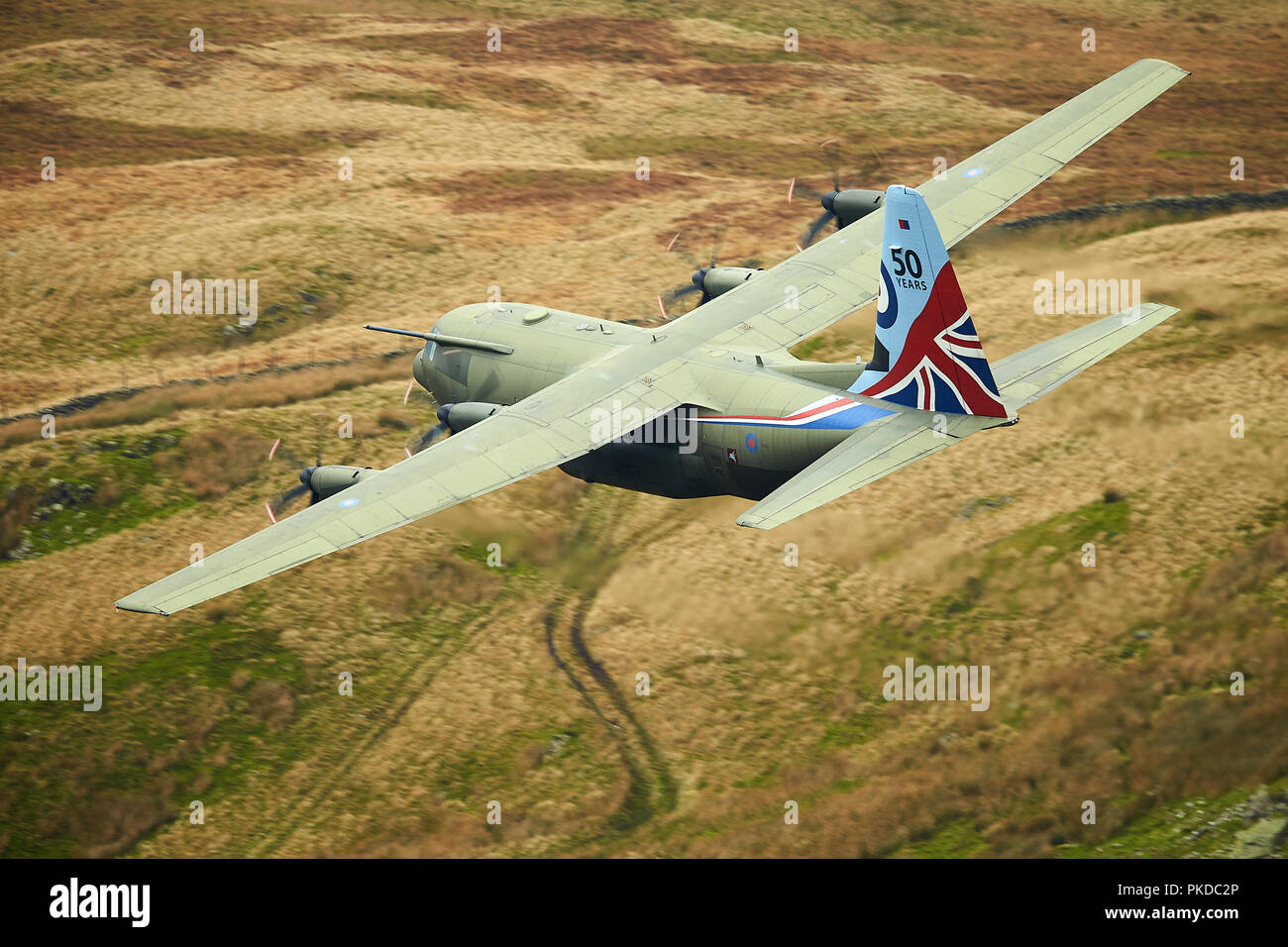 RAF Hercules C-130 in Mach Loop, il Galles del Nord, Regno Unito Foto Stock