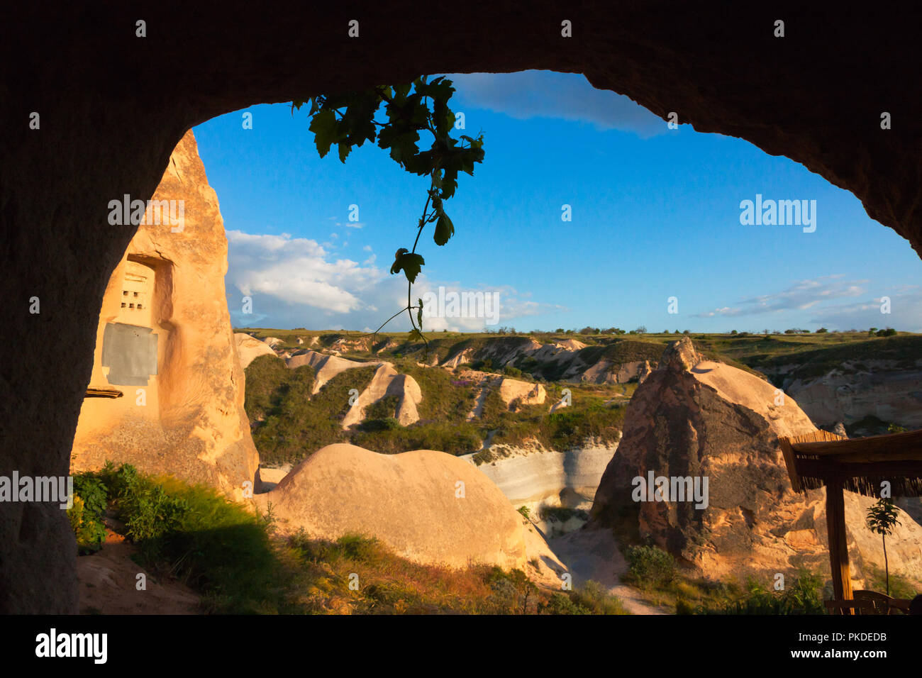 Le case scavate nella roccia formazioni in valle, Goreme, Cappadocia, Turchia (Patrimonio Mondiale dell'UNESCO) Foto Stock