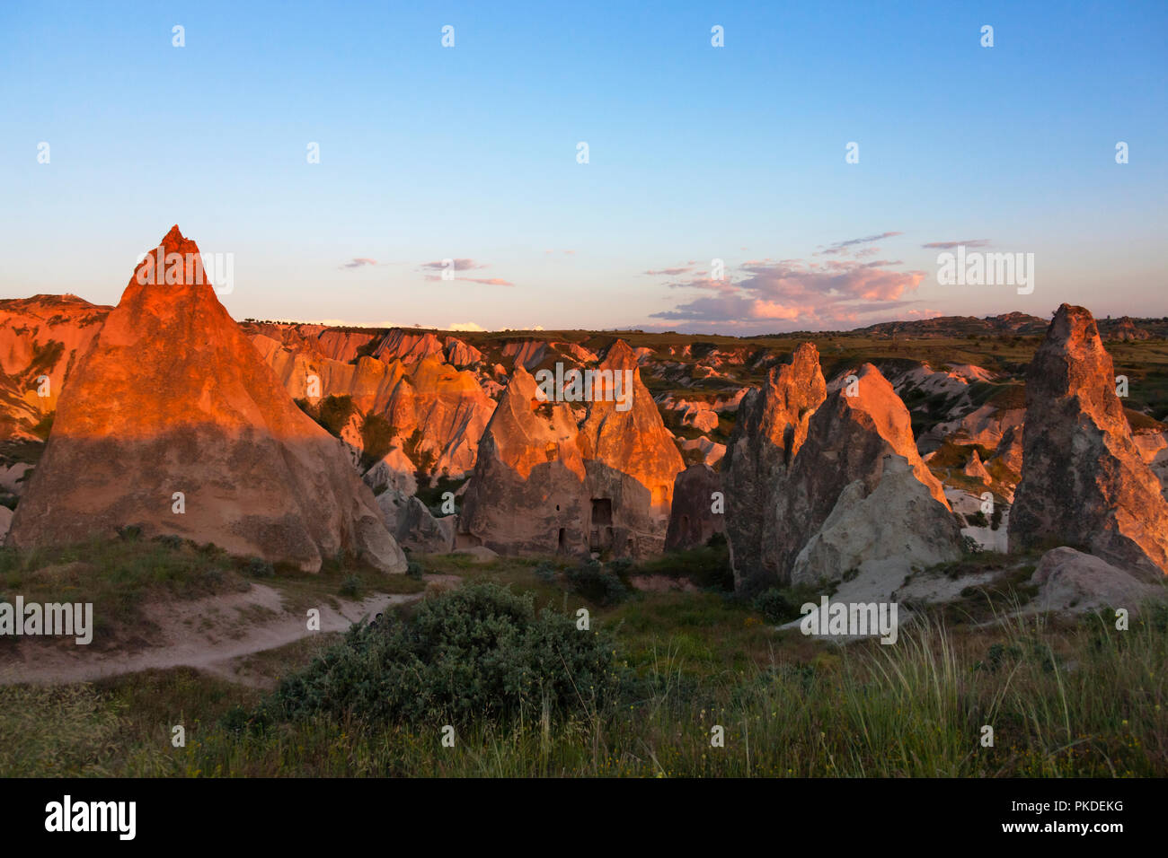 Formazioni di roccia nella valle, Goreme, Cappadocia, Turchia (Patrimonio Mondiale dell'UNESCO) Foto Stock