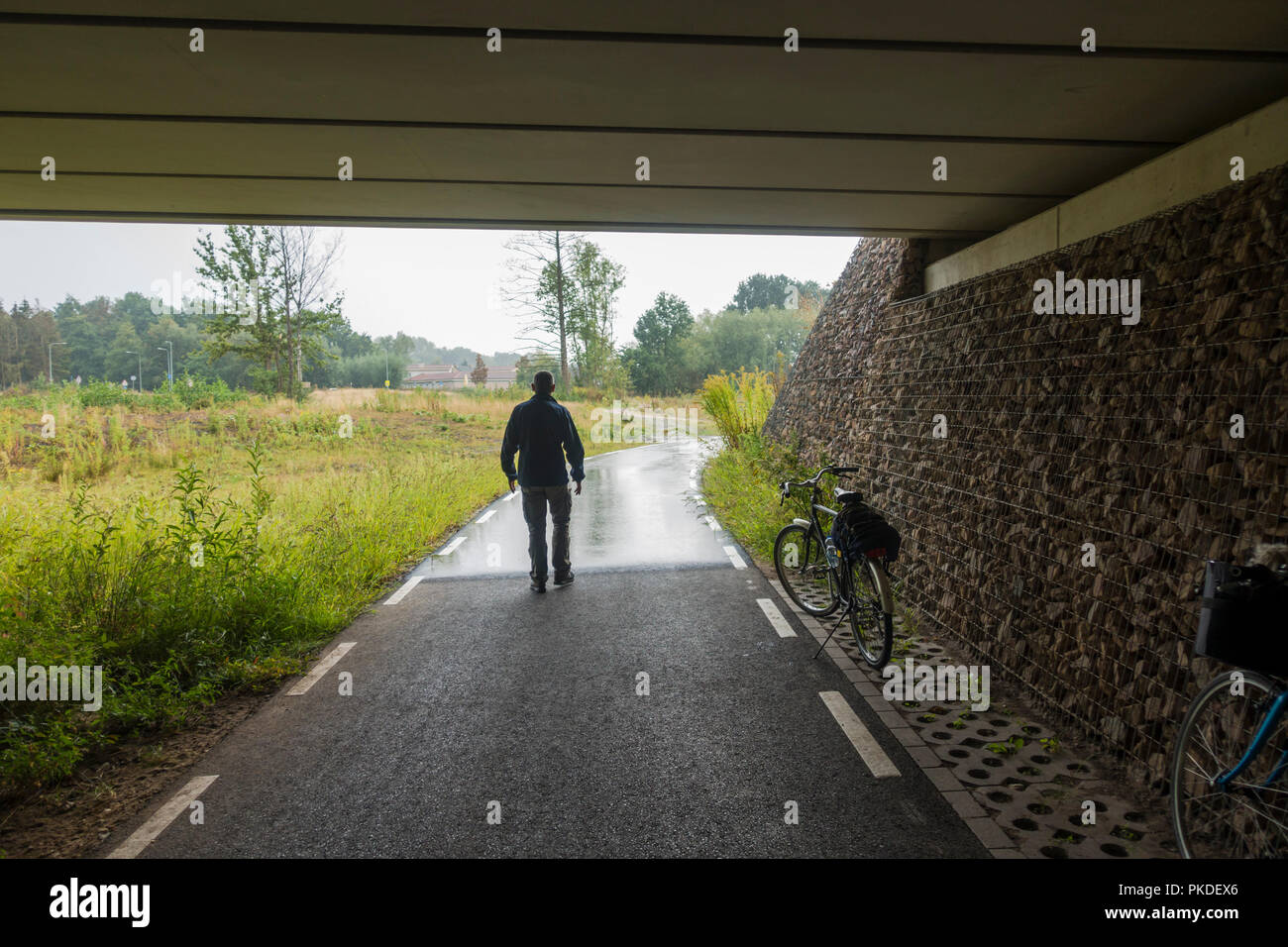 L'uomo con la bicicletta in attesa sotto il ponte per sfuggire alla pioggia. Paesi Bassi Foto Stock