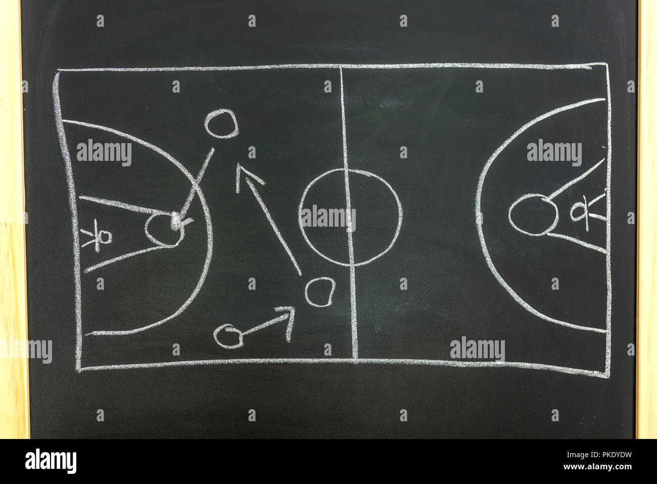 Vista superiore del campo da basket e la strategia di gioco disegnato sulla lavagna nera. Foto Stock