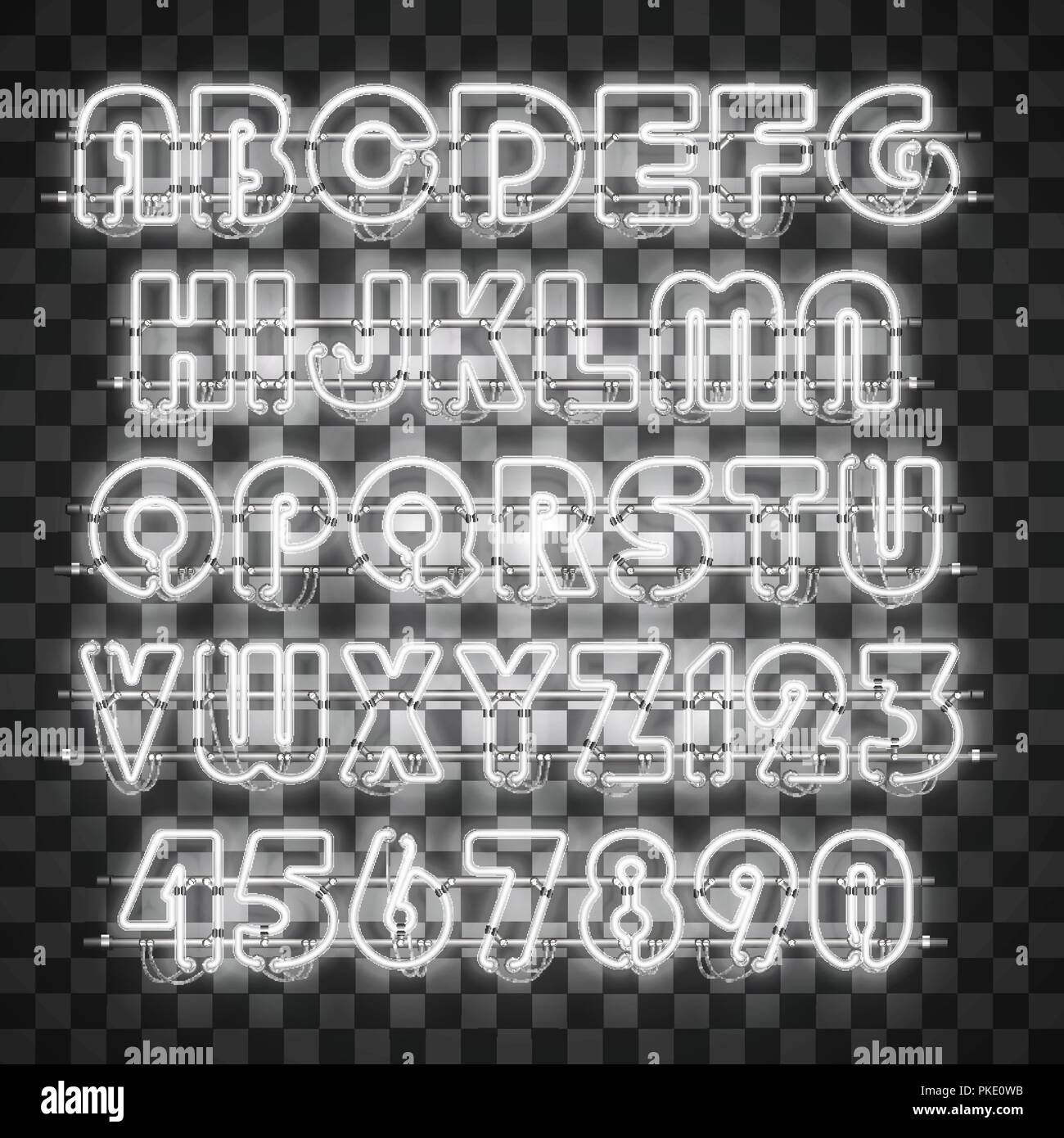 Lucido e brillante con neon bianco alfabeto e cifre. Illustrazione Vettoriale