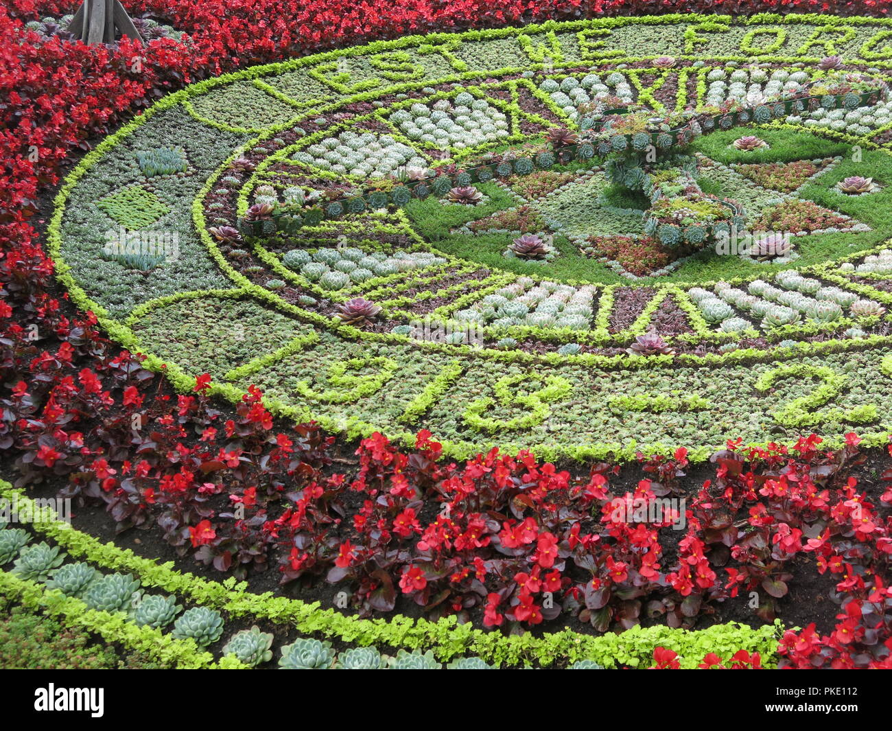 Edimburgo di floral clock a ovest di Princes Street Gardens è la commemorazione della firma dell'Armistizio, 1918 - 2018, con semi di papavero tappeto ispirato biancheria da letto. Foto Stock