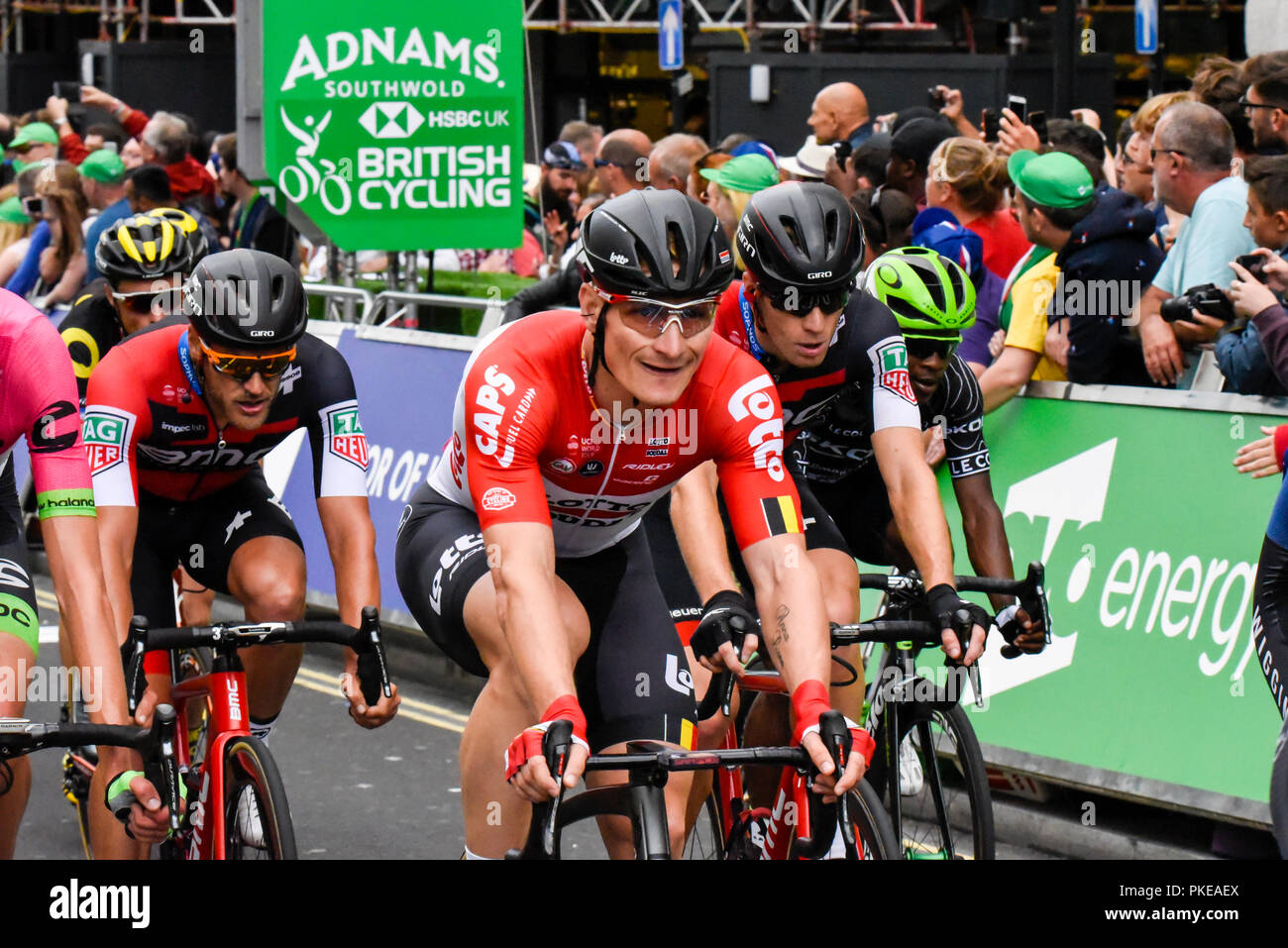Andre Greipel del team Lotto Soudal all'OVO Energy Tour della Gran Bretagna cycle race, stadio 8, Londra, Regno Unito. Foto Stock