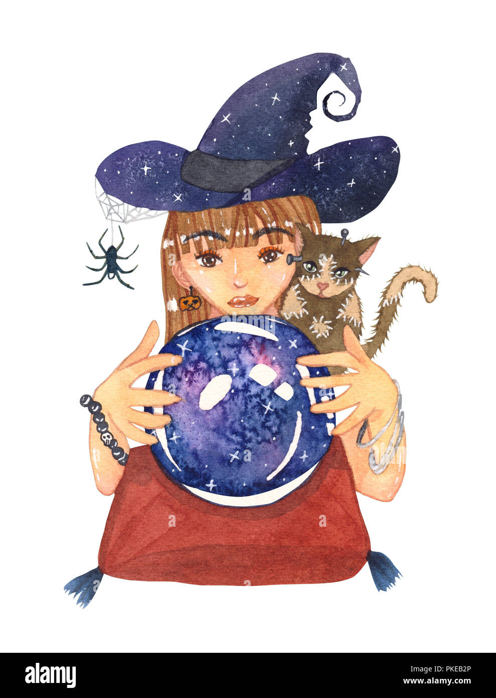 Fortuneteller Strega e Zombie Cat con Crystal Galaxy acquerello a sfera. Illustrazione isolati su sfondo bianco. Foto Stock