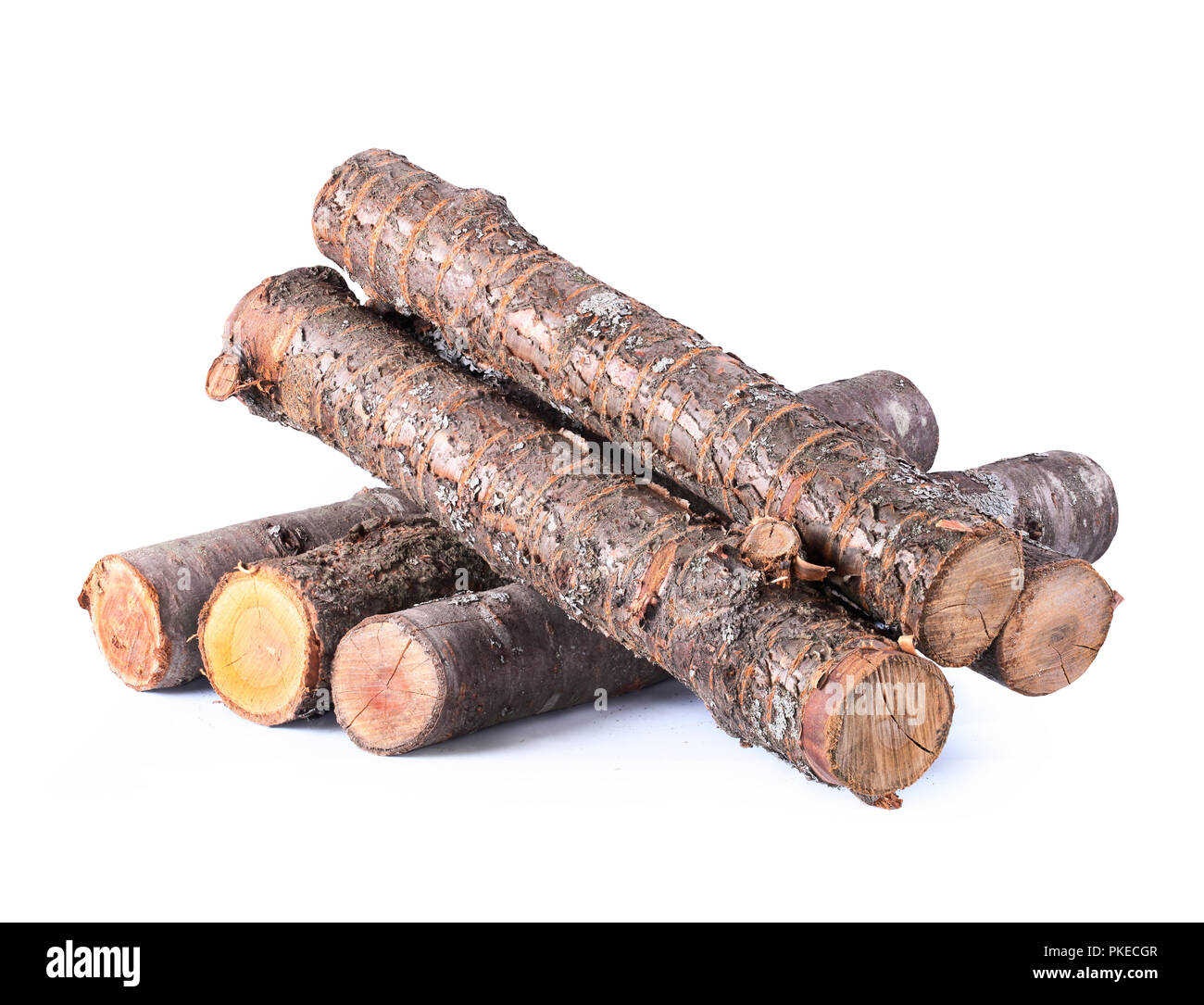Pila di legna da ardere su sfondo bianco Foto Stock