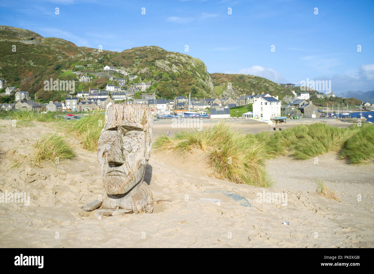 Scultura in legno su Barmouth Beach, Parco Nazionale di Snowdonia, Galles del Nord, Regno Unito Foto Stock