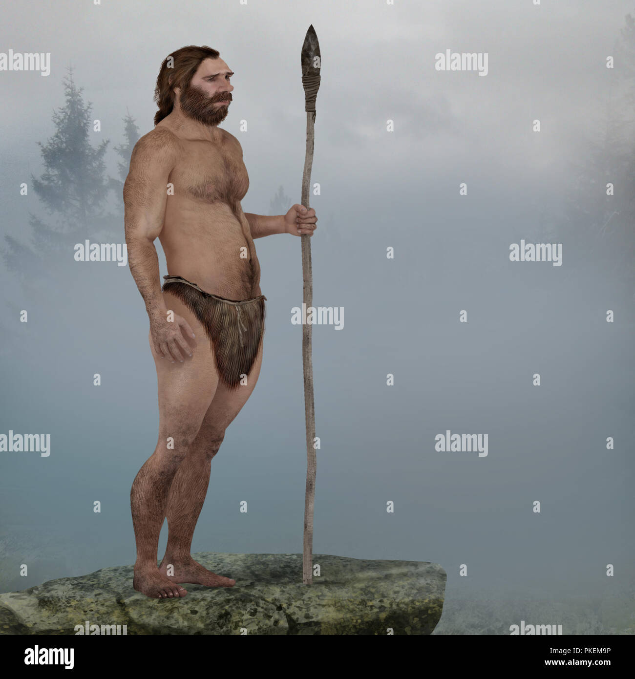 Illustrazione digitale ed eseguire il rendering di un uomo di Neanderthal Foto Stock