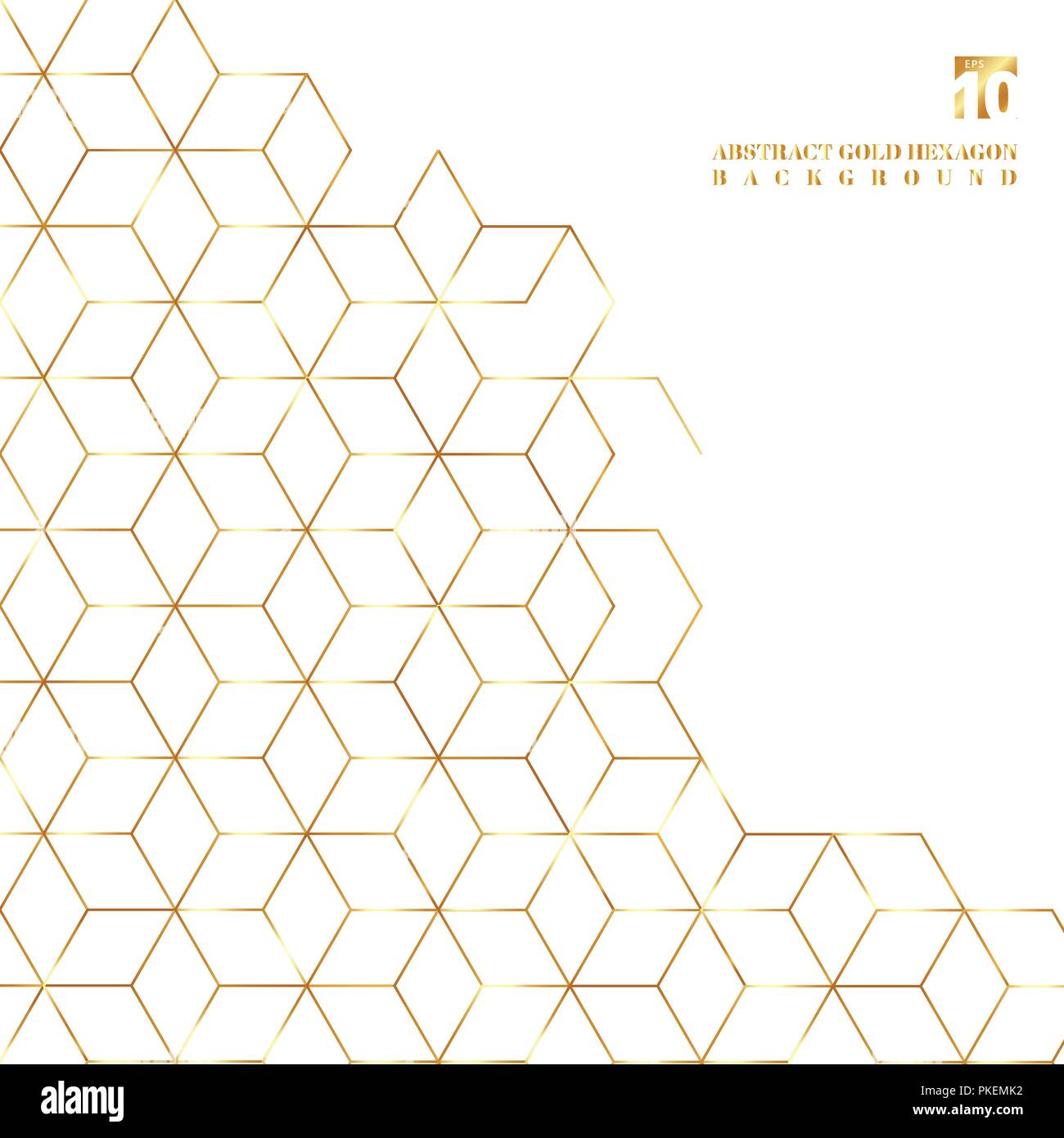 Oro esagoni pattern di frontiera su sfondo bianco. Le forme geometriche di colore dorato elementi modello per brochure, volantini, scheda, coprire e invitat di nozze Illustrazione Vettoriale