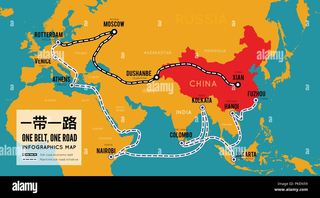 Una cinghia di una strada. Nuovo commercio cinese Silk Road. Mappa vettoriale infographics Illustrazione Vettoriale