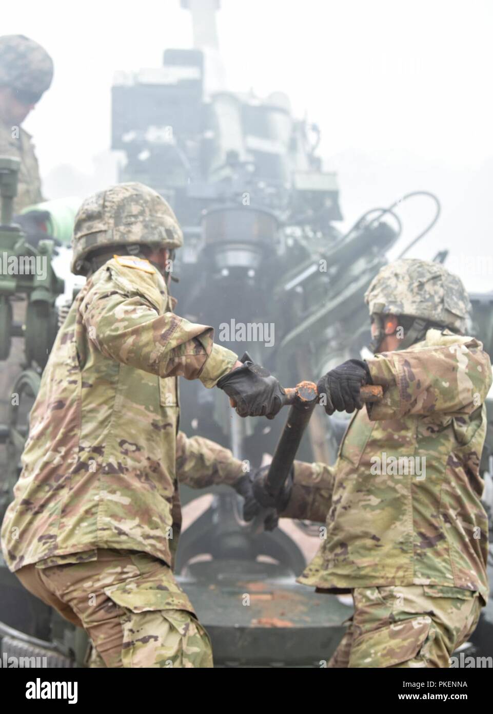 I soldati assegnati a Charlie batteria, 1° Battaglione, campo 206th reggimento di artiglieria, 39th della brigata di fanteria combattere la squadra, Arkansas Guardia nazionale, carichi di 155 mm rotondo nella M777A2 trainato 155mm obici, 28 luglio 2018. Foto Stock