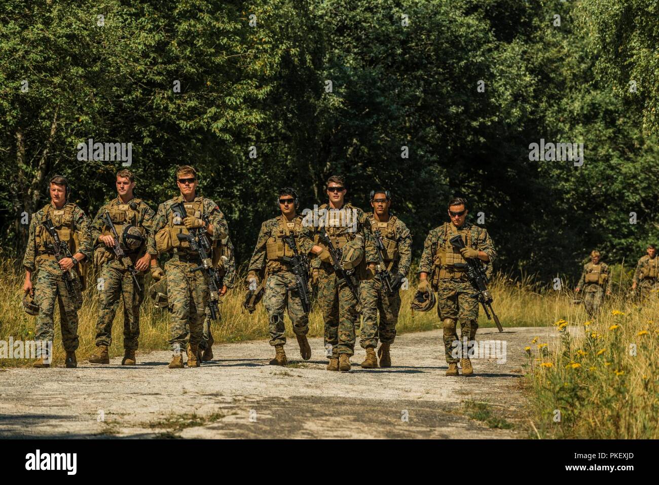 Stati Uniti Marines assegnati a scopo specialeAir-Ground Marine Task Force-Crisis Response-Africa sono le manovre per un obiettivo sul campo 35 , Baumholder zona di addestramento militare, Baumholder, Germania, 24 luglio, 2018. L'unità condotta 4 giorni di squad dimensioni bracci combinata live-fuoco esercizi di manovra a Baumholder, Germania ( esercito statunitense Foto Stock