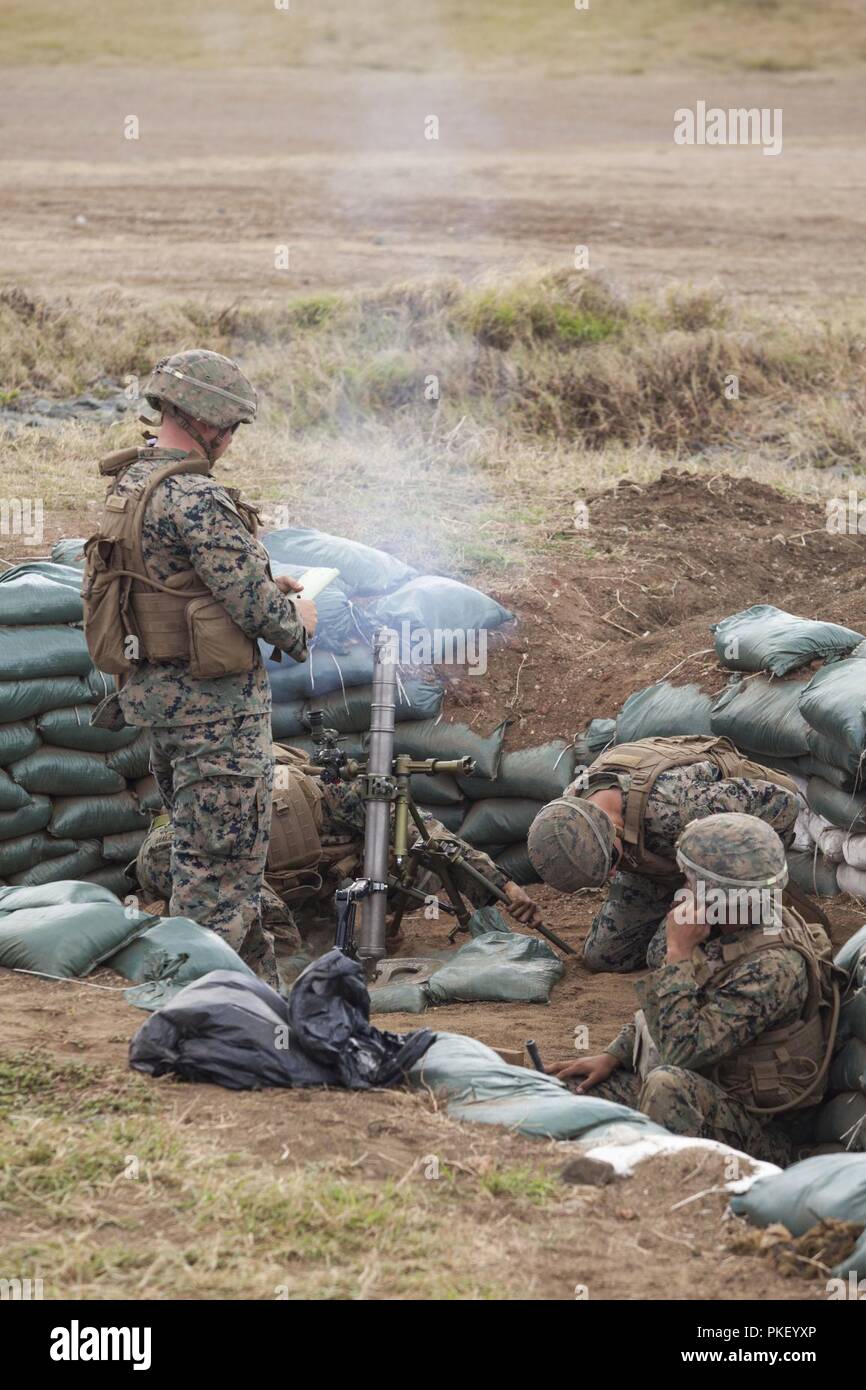 Stati Uniti Marine Corps mortarmen con 3° Battaglione, 3° Reggimento Marine, III Marine forza expeditionary, condotta a bracci combinato esercizio presso la Baia di Kaneohe gamma Training Facility, Marine Corps base Hawaii, e il Agosto 3, 2018. Durante l'esercizio, U.S. Marines utilizzato mitragliatrice di soppressione e di colpi di mortaio sulla simulazione di forze nemiche, mentre fanti aggredito in avanti verso di loro. Foto Stock