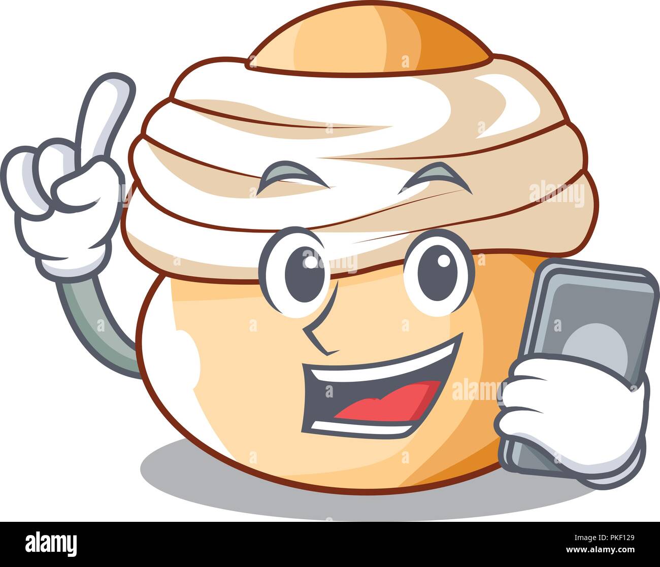 Con telefono cartoon semla bun con pasta di mandorle Illustrazione Vettoriale