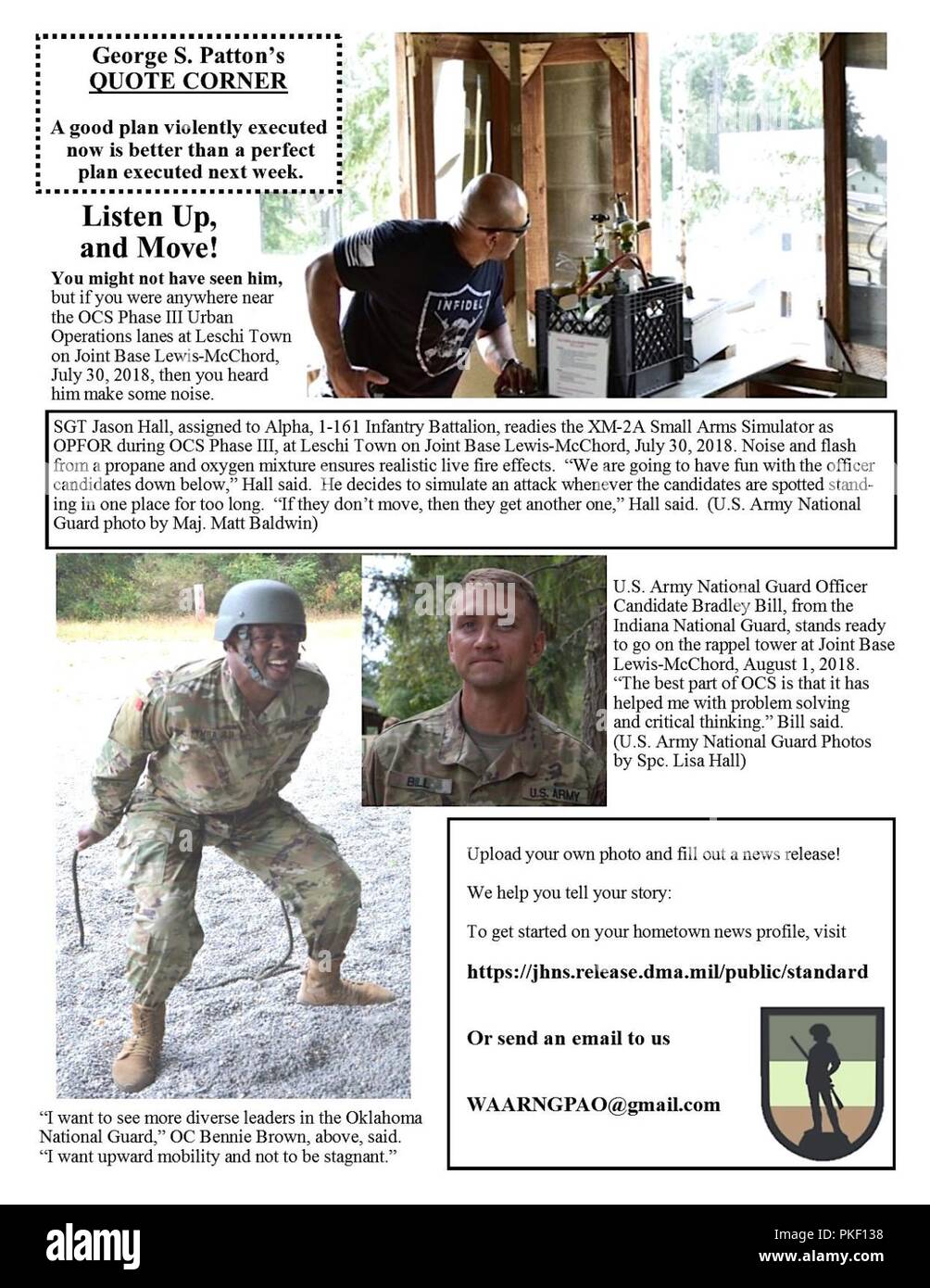 Stati Uniti Esercito nazionale ufficiale di guardia di candidati provenienti da Arizona, California, Illinois, Indiana, Kansas, Michigan, Minnesota, Missouri, New Mexico, Oklahoma, Oregon, Texas, Washington e Wisconsin face off il nemico durante le operazioni in ambiente urbano con l'esercito di Washington la Guardia Nazionale OCS consolidati di fase III sulla formazione di base comune Lewis-Mccorda, luglio 31, 2018. (Washington Guardia Nazionale Foto Stock