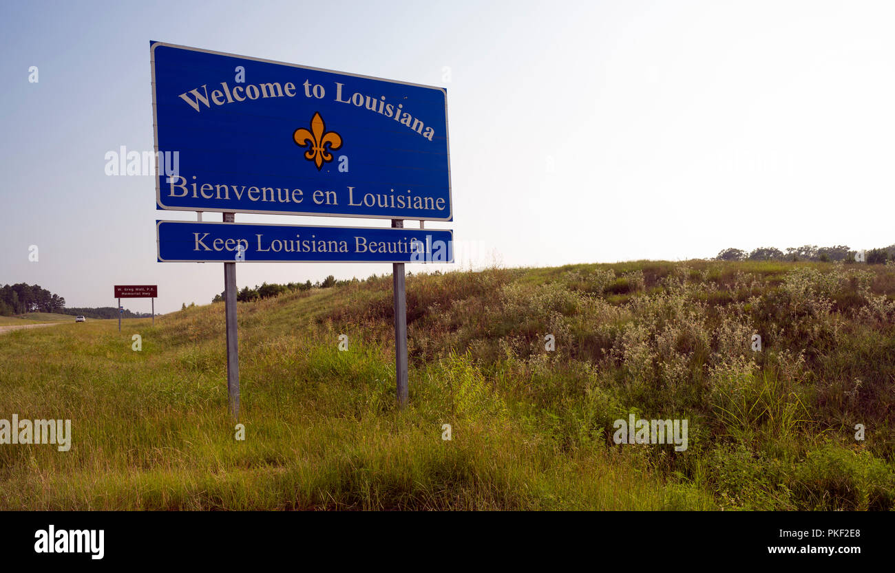 Trasporto essenziale un segno che accoglie i viaggiatori a Louisianna Foto Stock