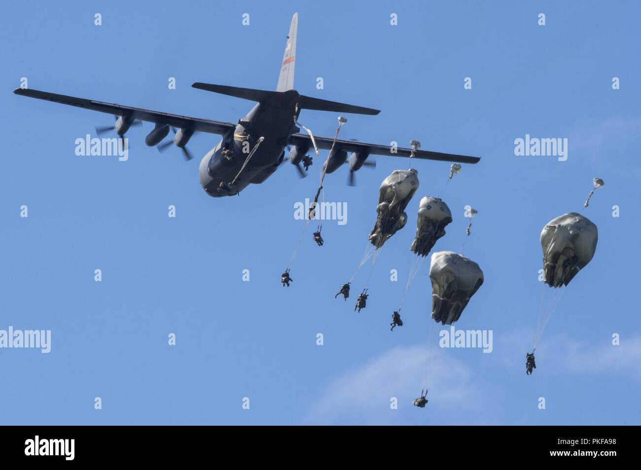 Stati Uniti Paracadutisti dell'esercito assegnato alla quarta brigata di fanteria combattere Team (airborne), XXV divisione di fanteria, U.S. Esercito di Alaska, saltare da un'Illinois Air National Guard C-130 Hercules durante la conduzione di airborne formazione a Malemute Drop Zone, Base comune Elmendorf-Richardson, Alaska, e il Agosto 9, 2018. I soldati del 4/25 appartengono al solo American airborne brigade nel Pacifico e sono addestrati per eseguire le manovre di volo in condizioni di freddo intenso e ambienti ad altitudini elevate a sostegno del combattimento, partenariato e disaster relief operations. Avieri dal 169Airlift Squadron fuori di Peoria aria Foto Stock