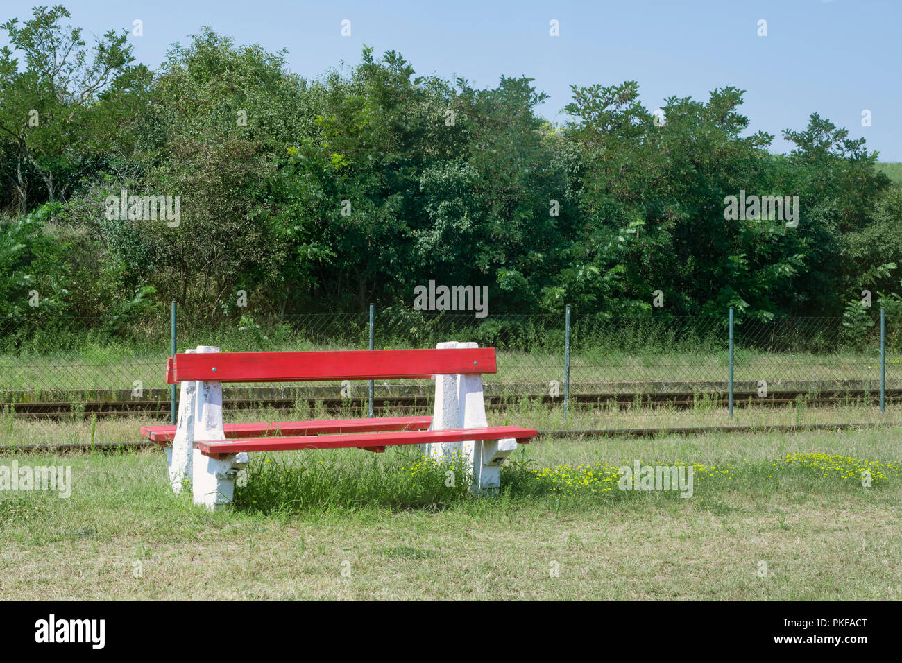 Banco di rosso e fiori di colore giallo in corrispondenza di una zona rurale stazione ferroviaria in Europa orientale, Ungheria Foto Stock