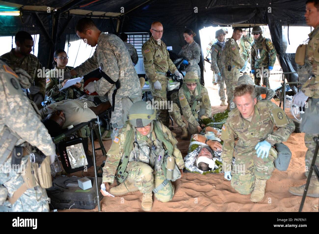 Combat medic soldati con la Brigata 230th battaglione supporto di condurre la vita come combattere casualty cura la formazione con i soldati feriti in battaglia. Soldati sul treno delle tecniche mediche e intervento medico in corrispondenza di una zona di formazione vicino a Ft. Bliss, Texas, durante la trentesima corazzato della brigata esportabili combattere la capacità di formazione (XCTC) Esercizio 6 Agosto - 21, 2018. L'esercizio è uno dei 30 più grande nella storia recente, con oltre 4.000 soldati cittadino dal North Carolina, South Carolina, West Virginia, Minnesota, e il paese della Moldavia.Essi tutti potranno affinare le proprie abilità di combattimento di "Shoot, Foto Stock