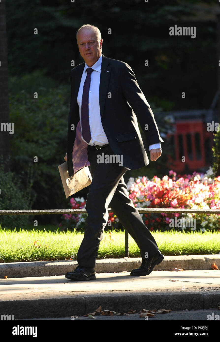 Segretario dei trasporti Chris Grayling arriva a Downing Street, Londra, per una riunione del gabinetto. Foto Stock