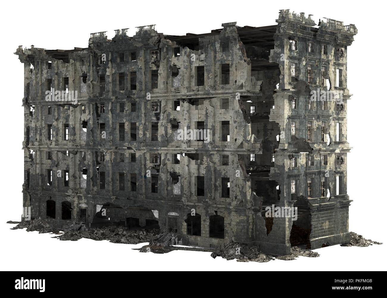 Edificio rovinato isolato su bianco 3D illustrazione Foto Stock