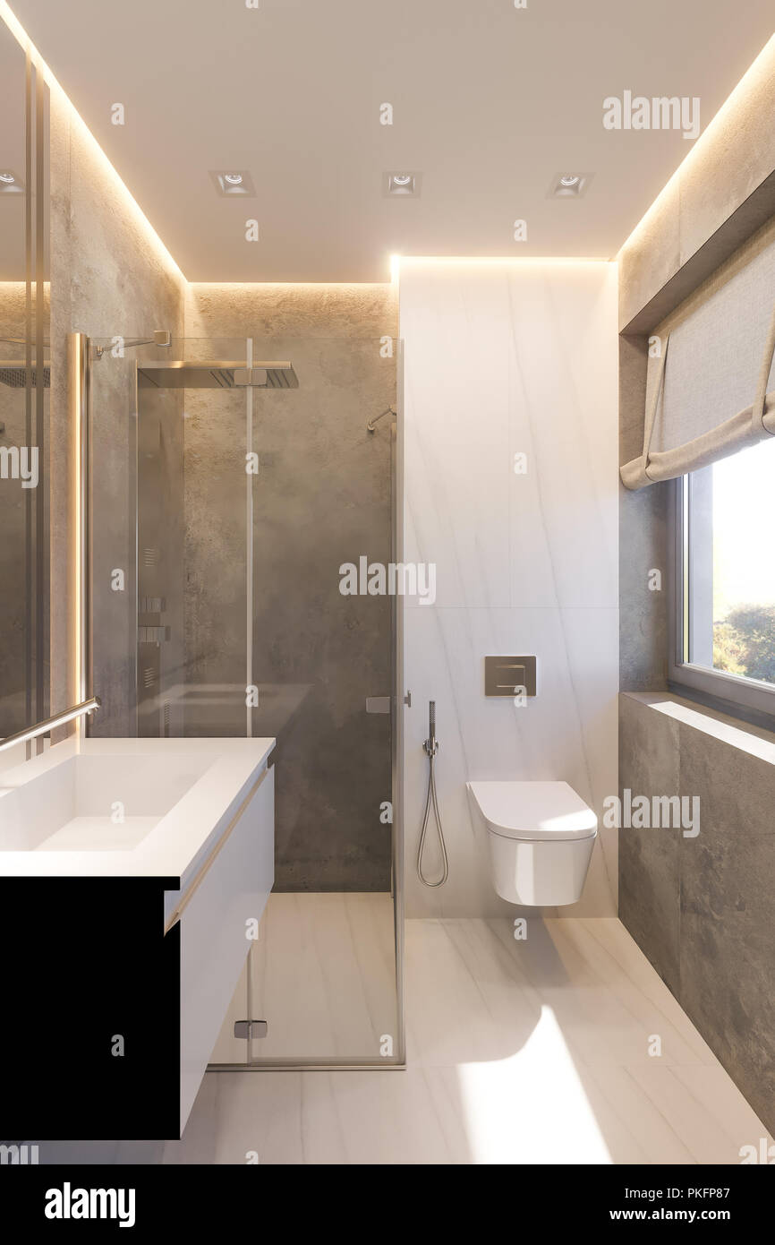 3D render interior design della stanza da bagno con il vetro a piedi nella doccia. Illustrazione degli interni in stile moderno con tonalità di grigio. La pietra naturale, marb Foto Stock