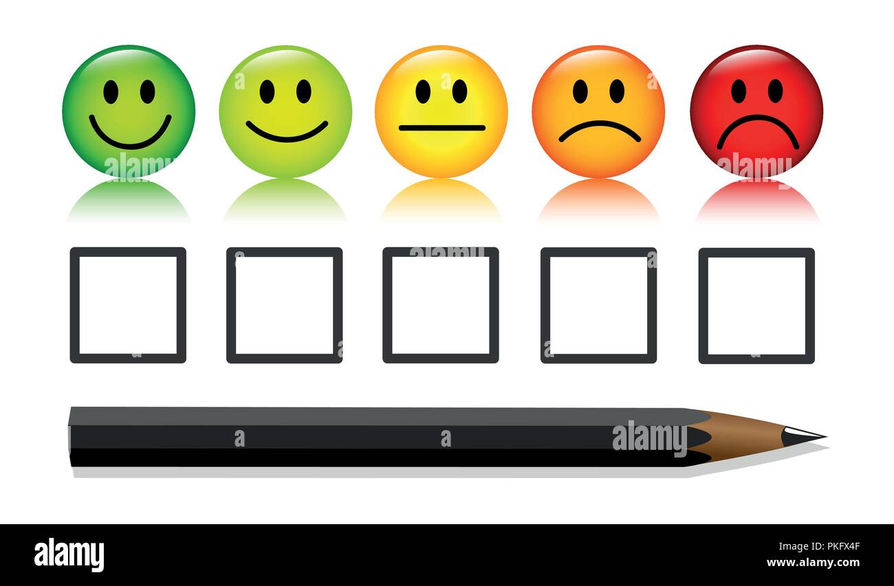 Smiley emoticon pulsanti di rating e penna isolati su sfondo bianco illustrazione vettoriale Illustrazione Vettoriale