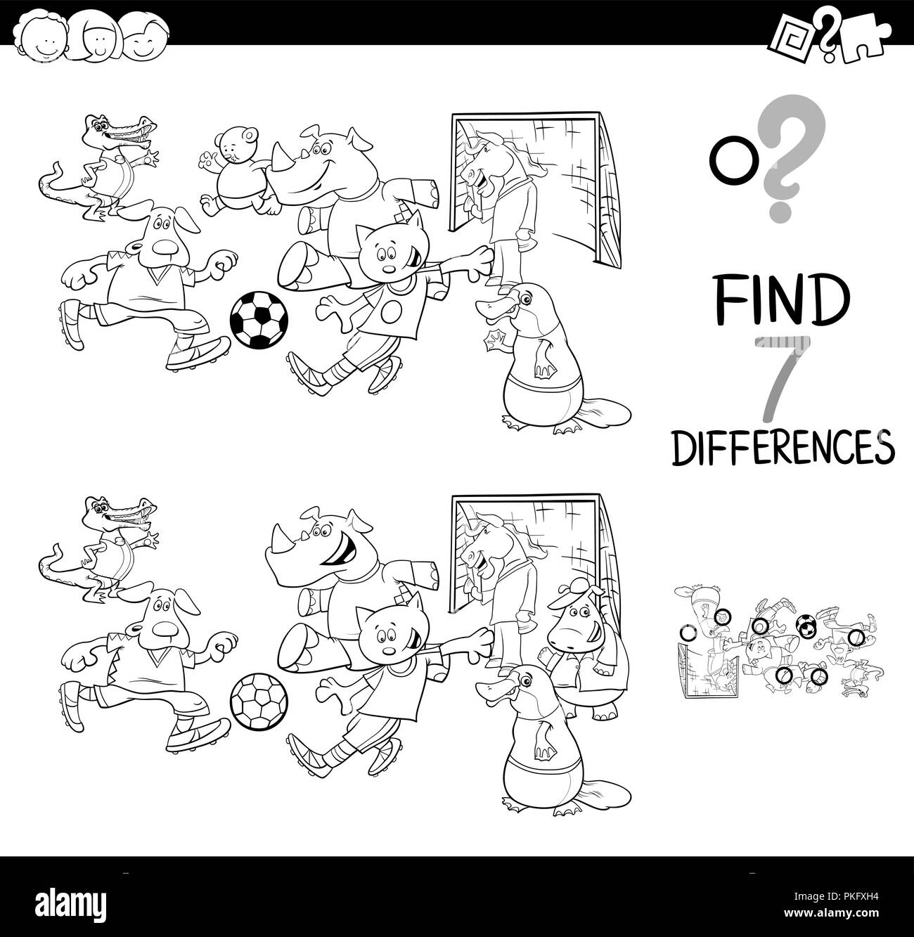 Bianco e Nero Cartoon illustrazione di trovare 7 differenze tra le immagini del gioco educativo per i bambini con i giocatori di calcio caratteri di origine animale Illustrazione Vettoriale