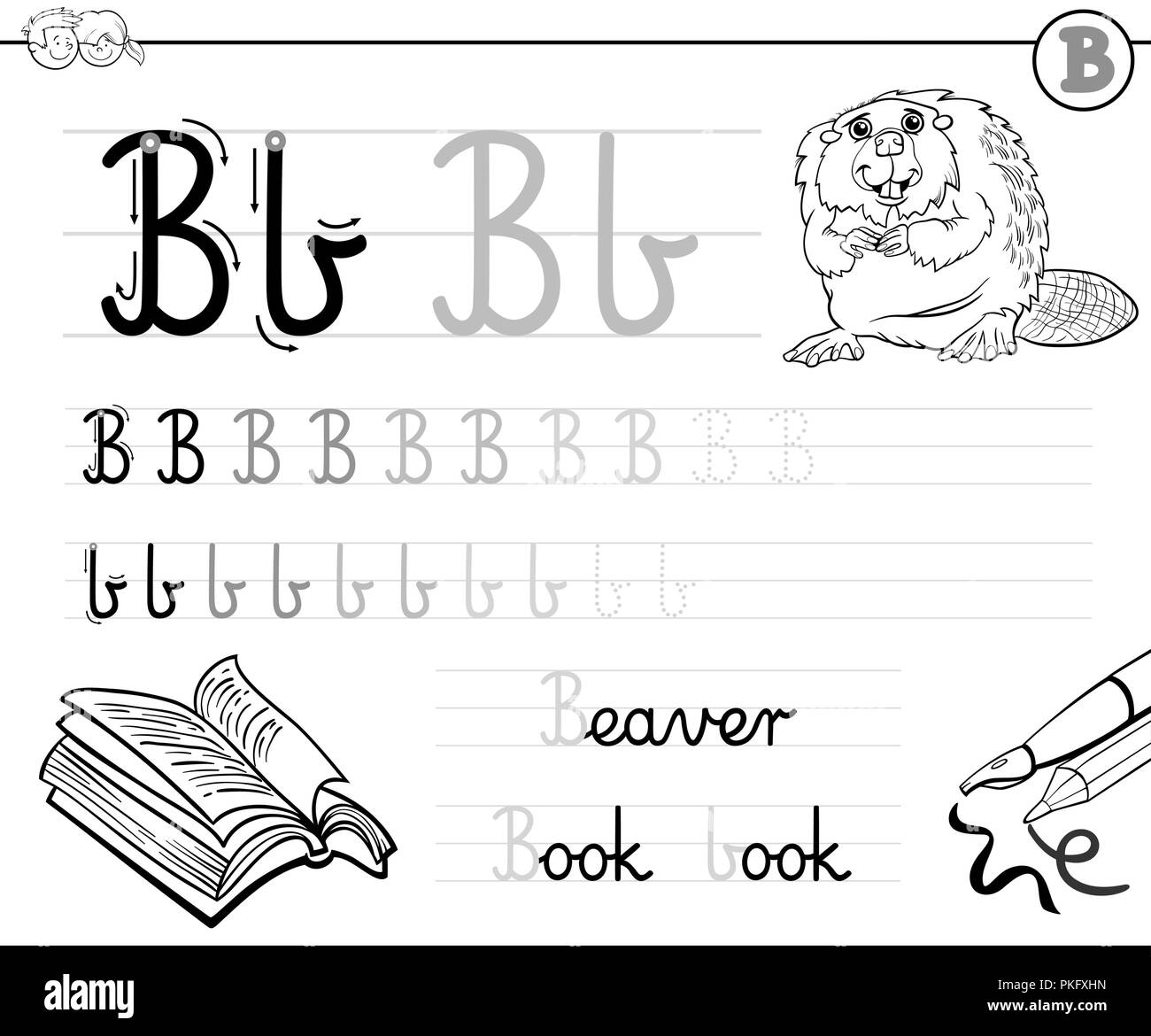 Bianco e Nero Cartoon illustrazione di abilità di scrittura pratica con la lettera B per la scuola materna ed elementare i bambini di età i libri a colori Illustrazione Vettoriale