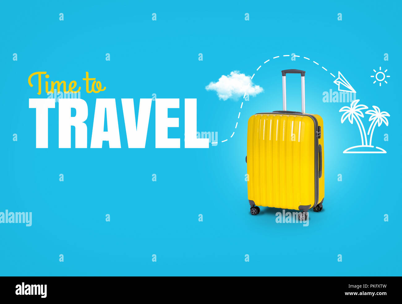 Nozione di viaggio con il testo il tempo di viaggio. Di colore giallo brillante valigia su uno sfondo blu. Icone di viaggio. Palmi, aeromobili, sun. Foto Stock