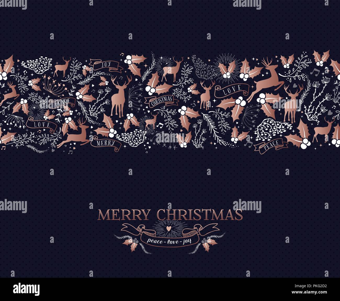 Vintage Natale carta elementi, la renna e holly in color rame con testo su seamless pattern sfondo. EPS10 vettore. Illustrazione Vettoriale