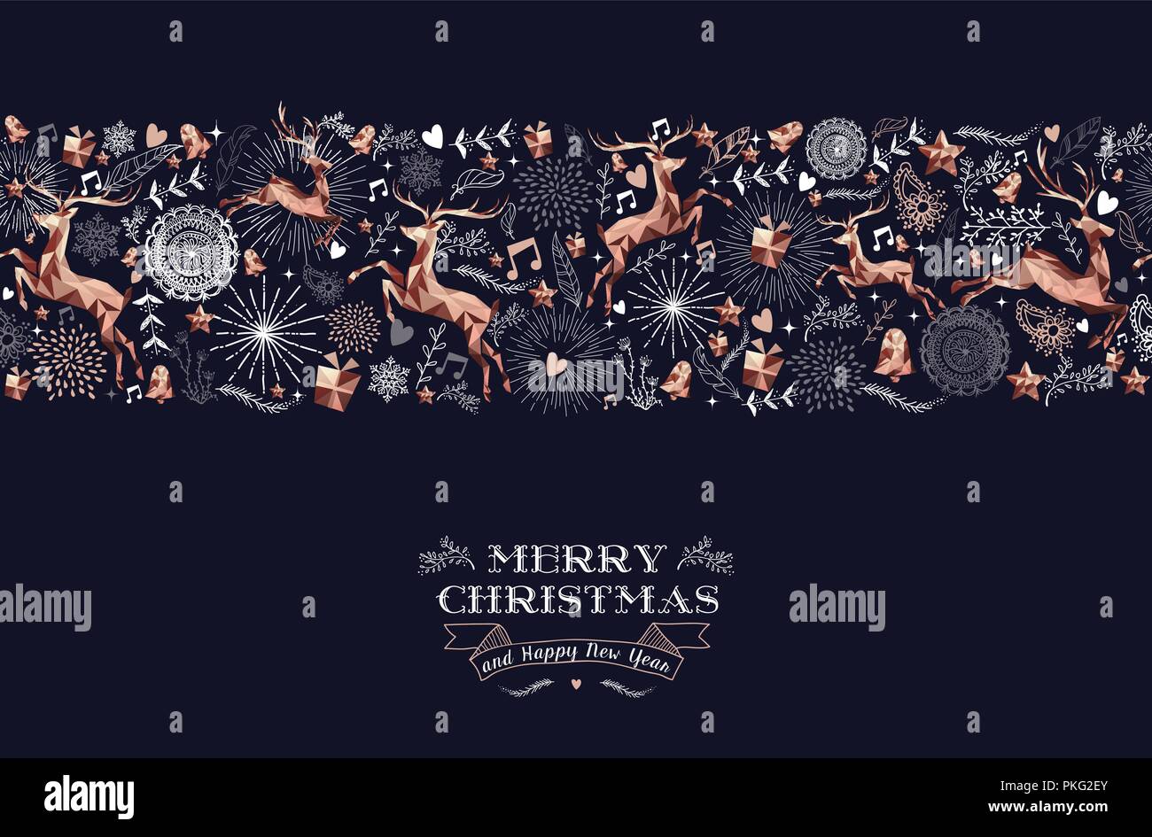 Vintage Natale carta elementi, la renna e holly in color rame con testo su seamless pattern sfondo. EPS10 vettore. Illustrazione Vettoriale