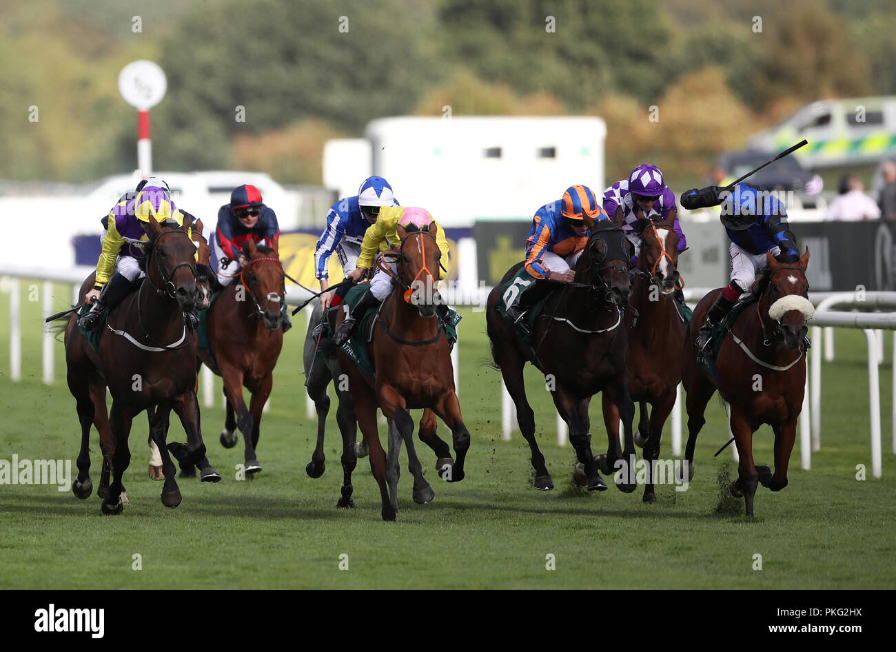 Il grande erede cavalcato da Andrew Mullen (destra) vince il Racing Weatherbys Bank 300.000 2-Y-O picchetti durante il giorno due del 2018 William Hill St Leger Festival a Doncaster Racecourse, Doncaster. Foto Stock