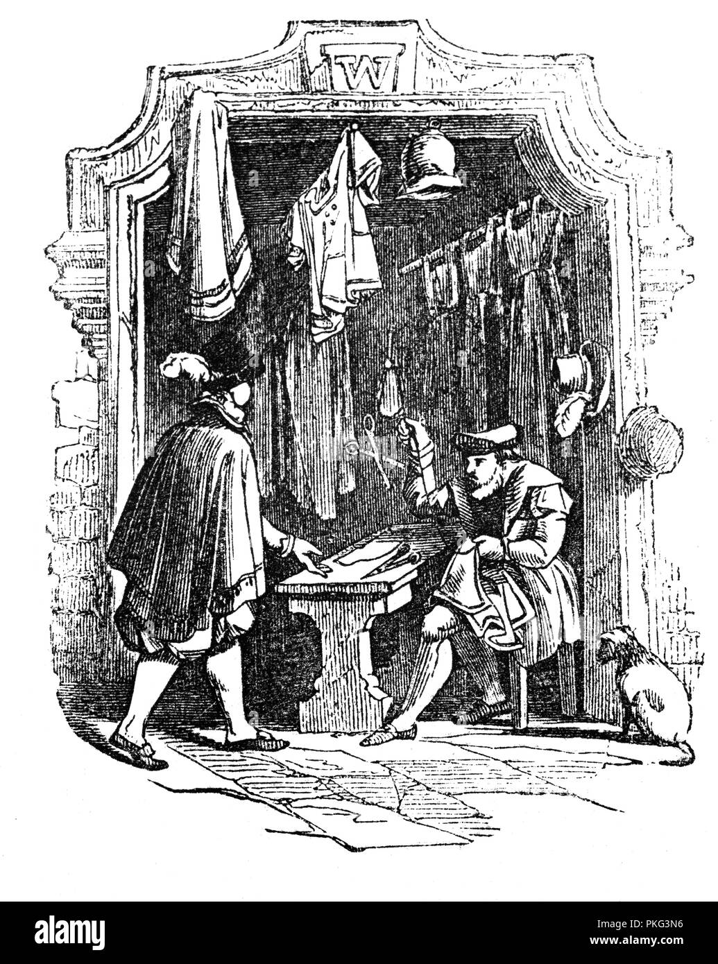 Un client e il negoziante di un Frippery: A Londra Medioevale negozio che vende usato o di seconda mano, raffinatezze nel vestire, specialmente quando appariscenti e vistosi, o simili. Il termine deriva dal XVI secolo parola francese friperie. Foto Stock