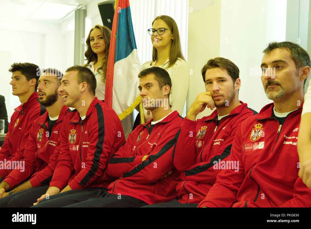 Kraljevo, Serbia. 13 settembre 2018. Il serbo Davis Cup team, a disegnare durante le anteprime per la Coppa Davis 2018 Tennis World Group Play-off intorno al centro Sportski Ibar in Kraljevo, Serbia. Credito: Karunesh Jöhri/Alamy Live News. Foto Stock