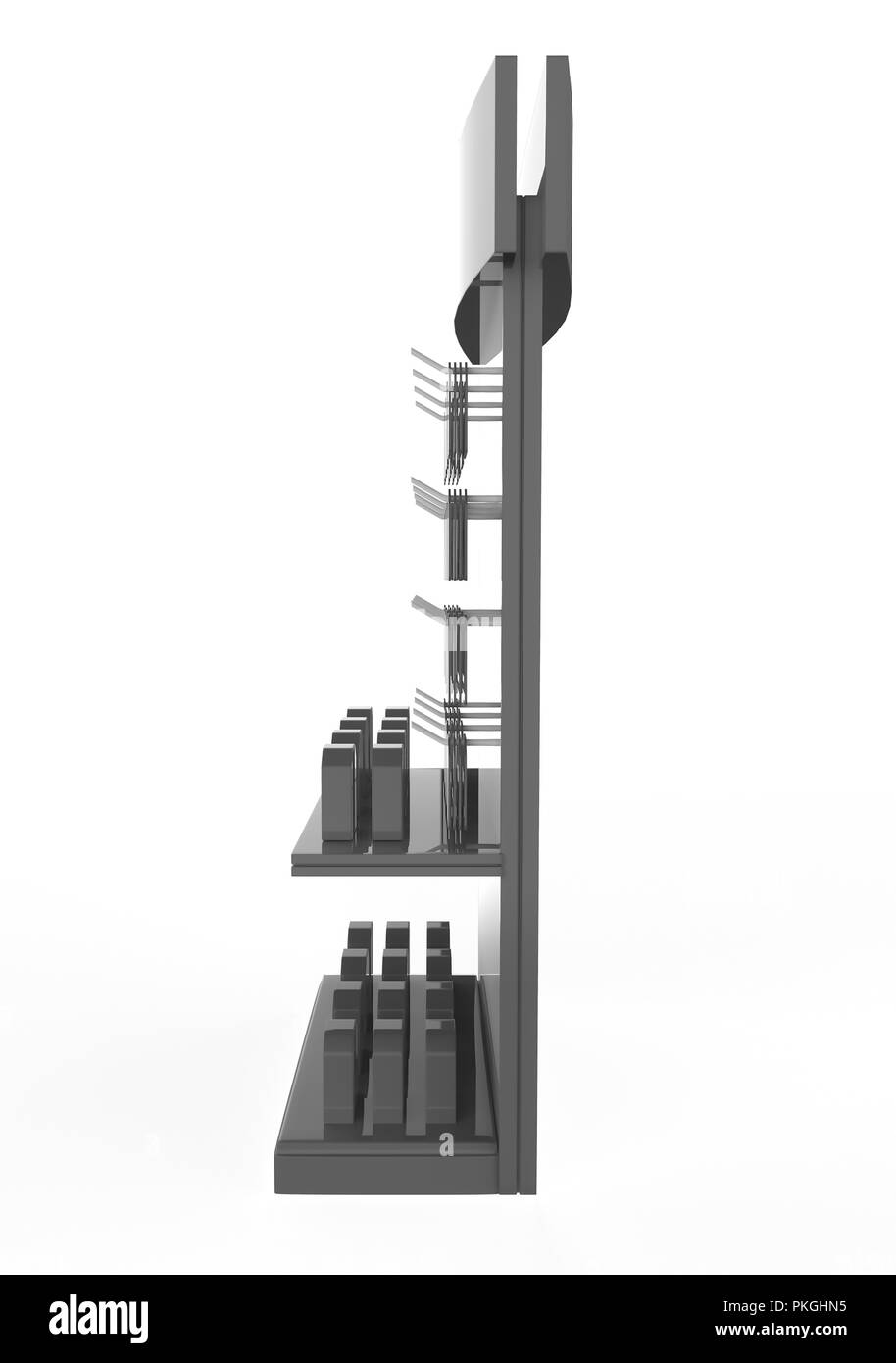 Telefono accessorio display stand, retail display stand con gancio per prodotto , display sorge isolato su sfondo bianco. 3d illustrazione Foto Stock