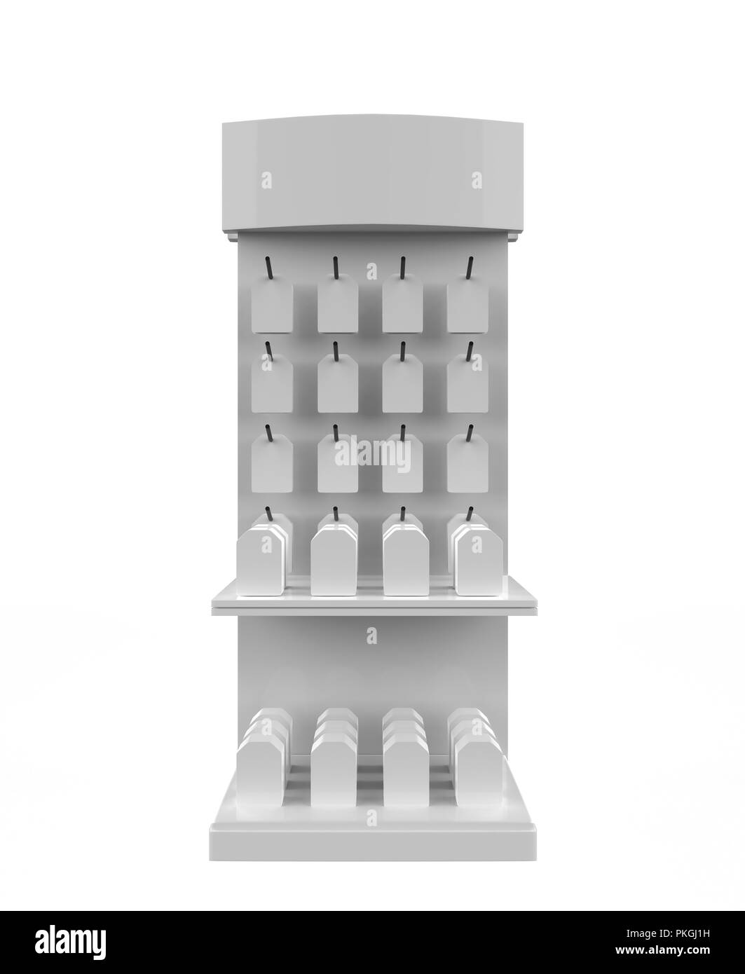 Telefono accessorio display stand, retail display stand con gancio per prodotto , display sorge isolato su sfondo bianco. 3d illustrazione Foto Stock