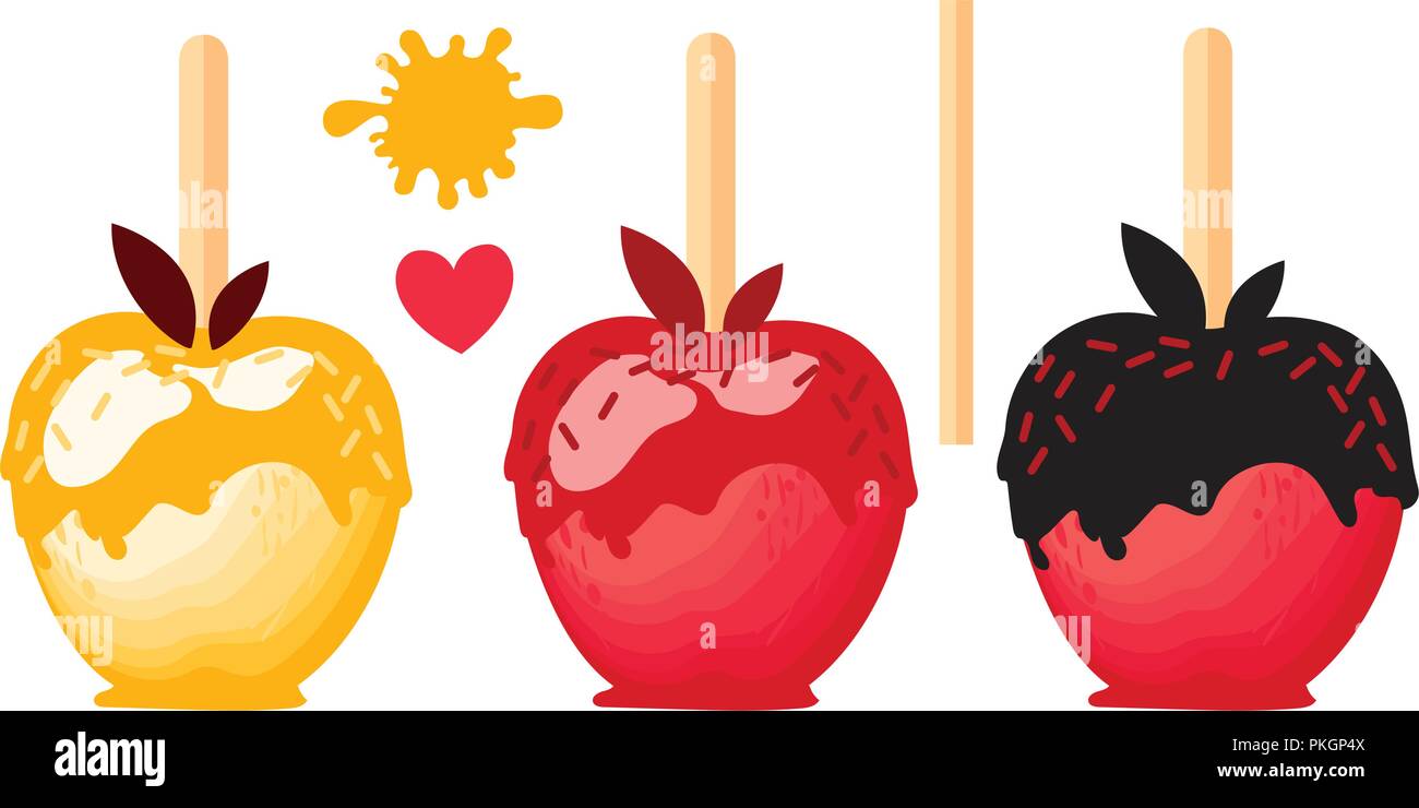 Impostare Apple con caramelle in smalto caramella dolce su bastoni. Illustrazione Vettoriale su sfondo bianco. Illustrazione Vettoriale