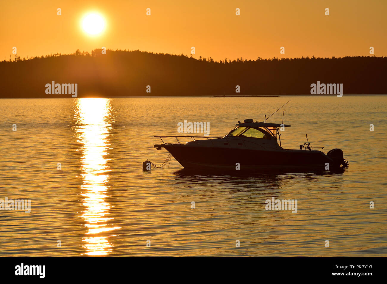 Un paesaggio di prima mattina di un motoscafo ormeggiato a a. Boa e retroilluminata dal sole che sorge sullo stretto Della Georgia vicino all'isola di Vancouver Foto Stock