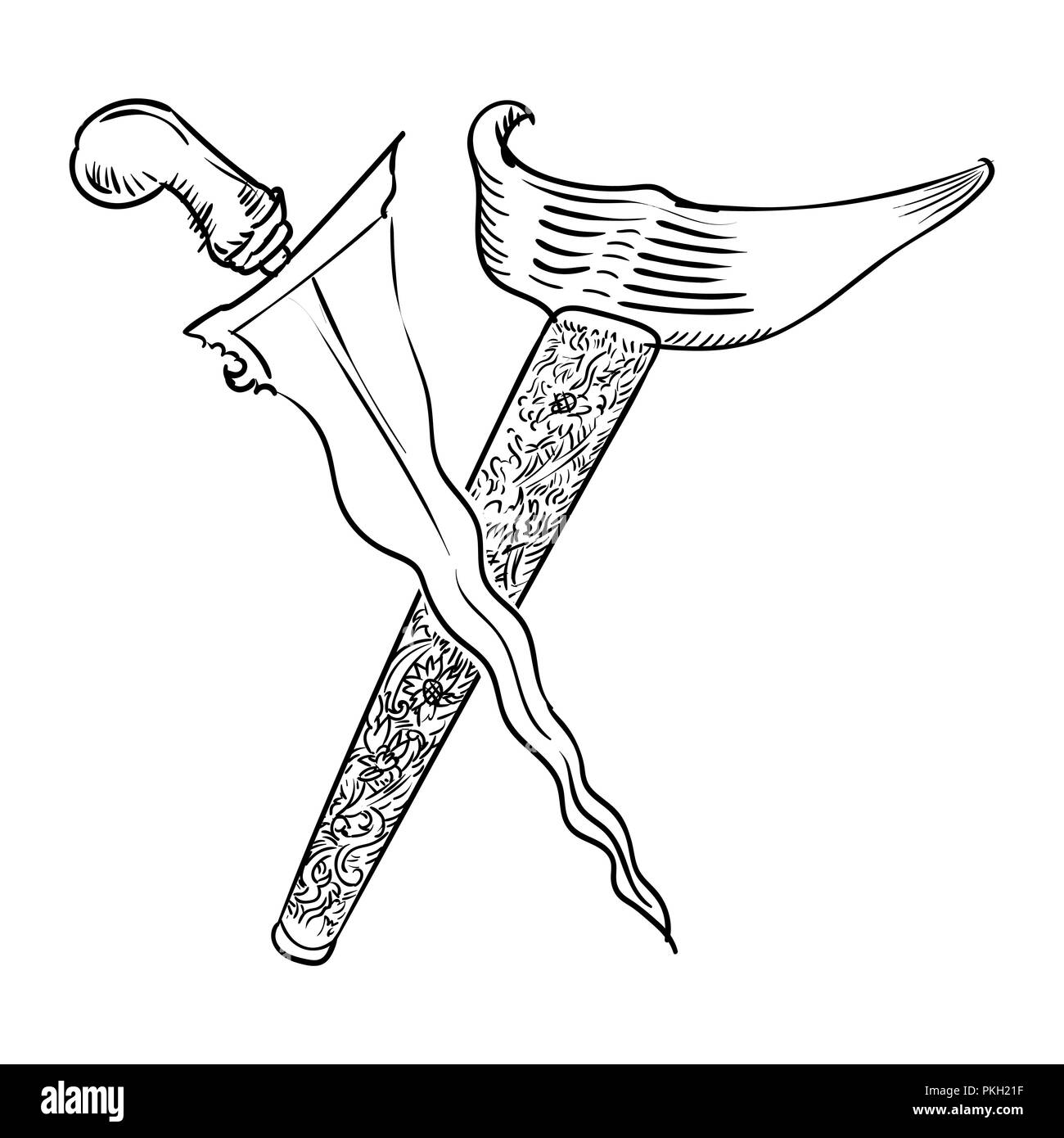 Il malese pugnale o Keris disegnati a mano per il libro da colorare, isolati su sfondo bianco - illustrazione vettoriale. Illustrazione Vettoriale