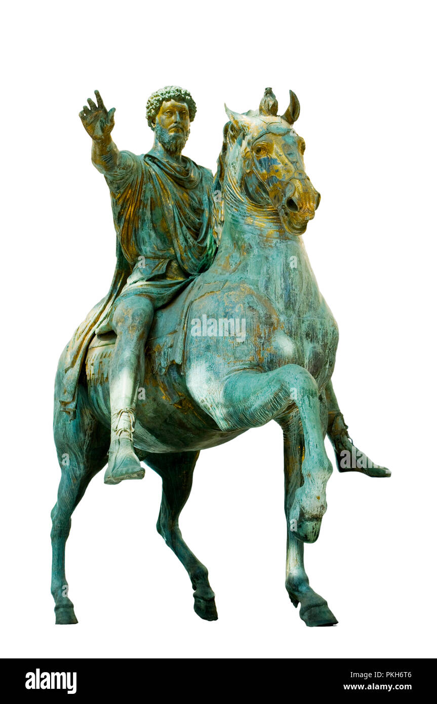 Originale statua equestre di Marco Aurelio su sfondo bianco Foto Stock