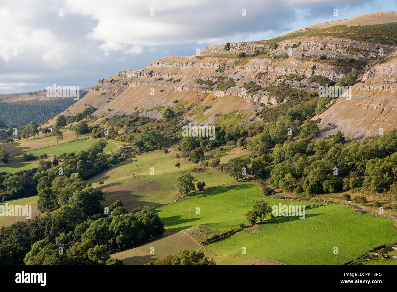 Le scogliere calcaree della scarpata Eglwyseg sopra la Vale of Llangollen, Wales, Regno Unito Foto Stock