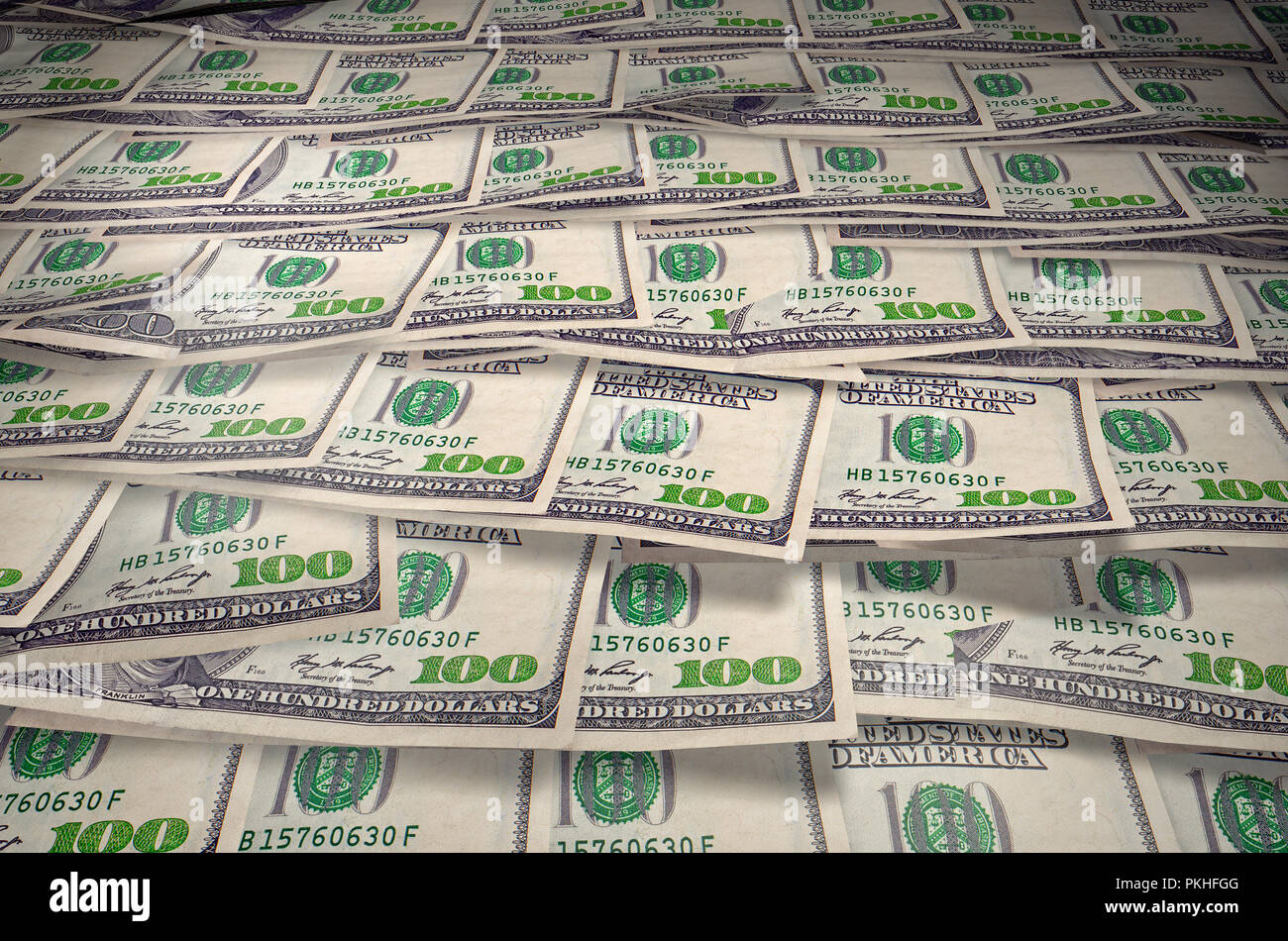 Una pila di un centinaio di noi le banconote con il presidente ritratti. Contanti di centinaia di fatture del dollaro, dollar immagine di sfondo con alta risoluzione. 3D render. Hi Foto Stock