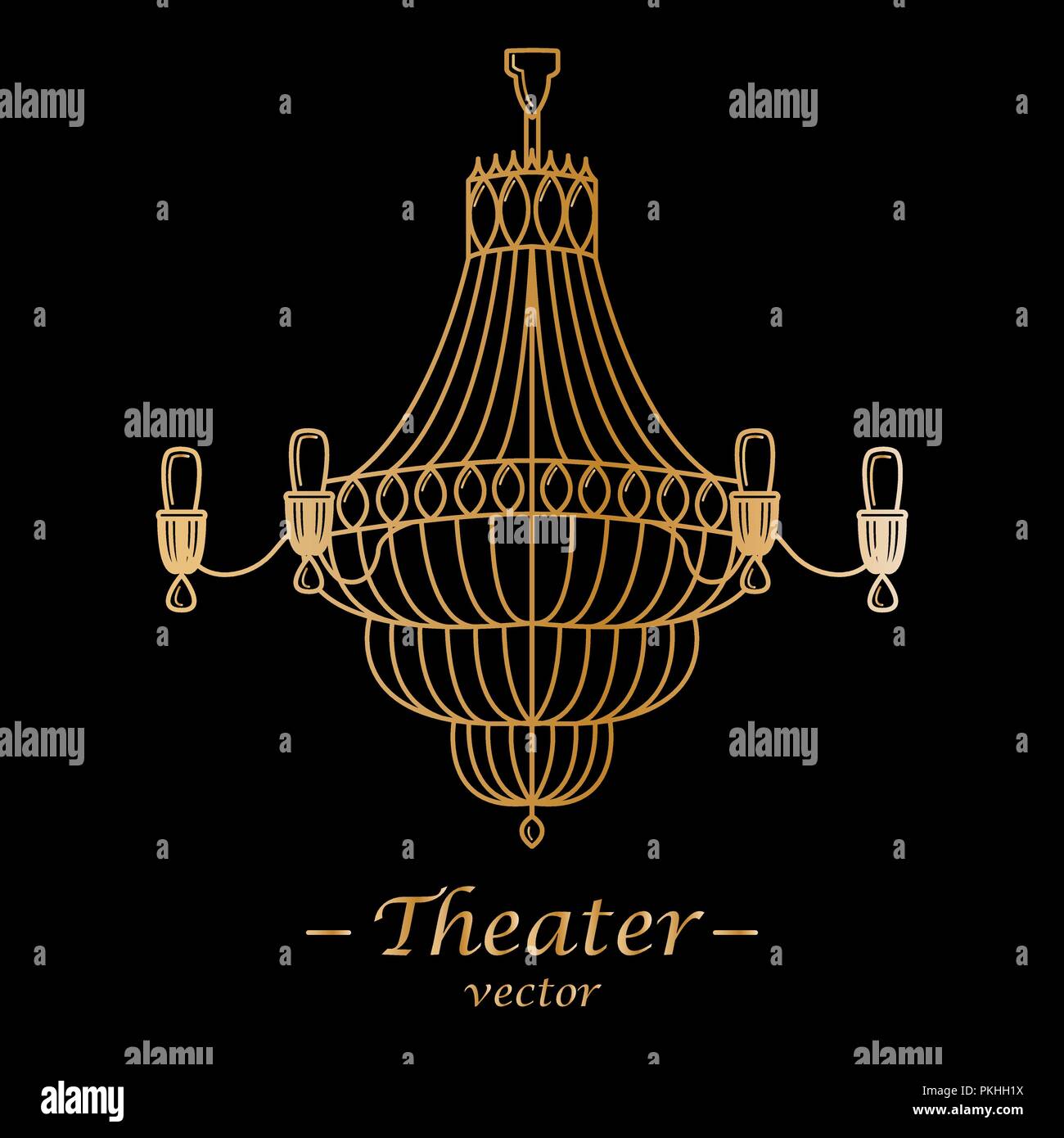 Illustrazione di vettore per il teatro. Logotipo di oro su sfondo nero. Illustrazione Vettoriale