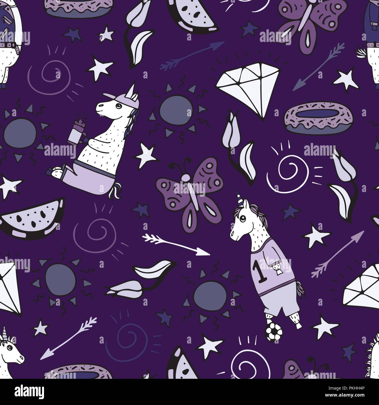 Bella seamless pattern con disegnati a mano e unicorns carino scarabocchi. Illustrazione Vettoriale