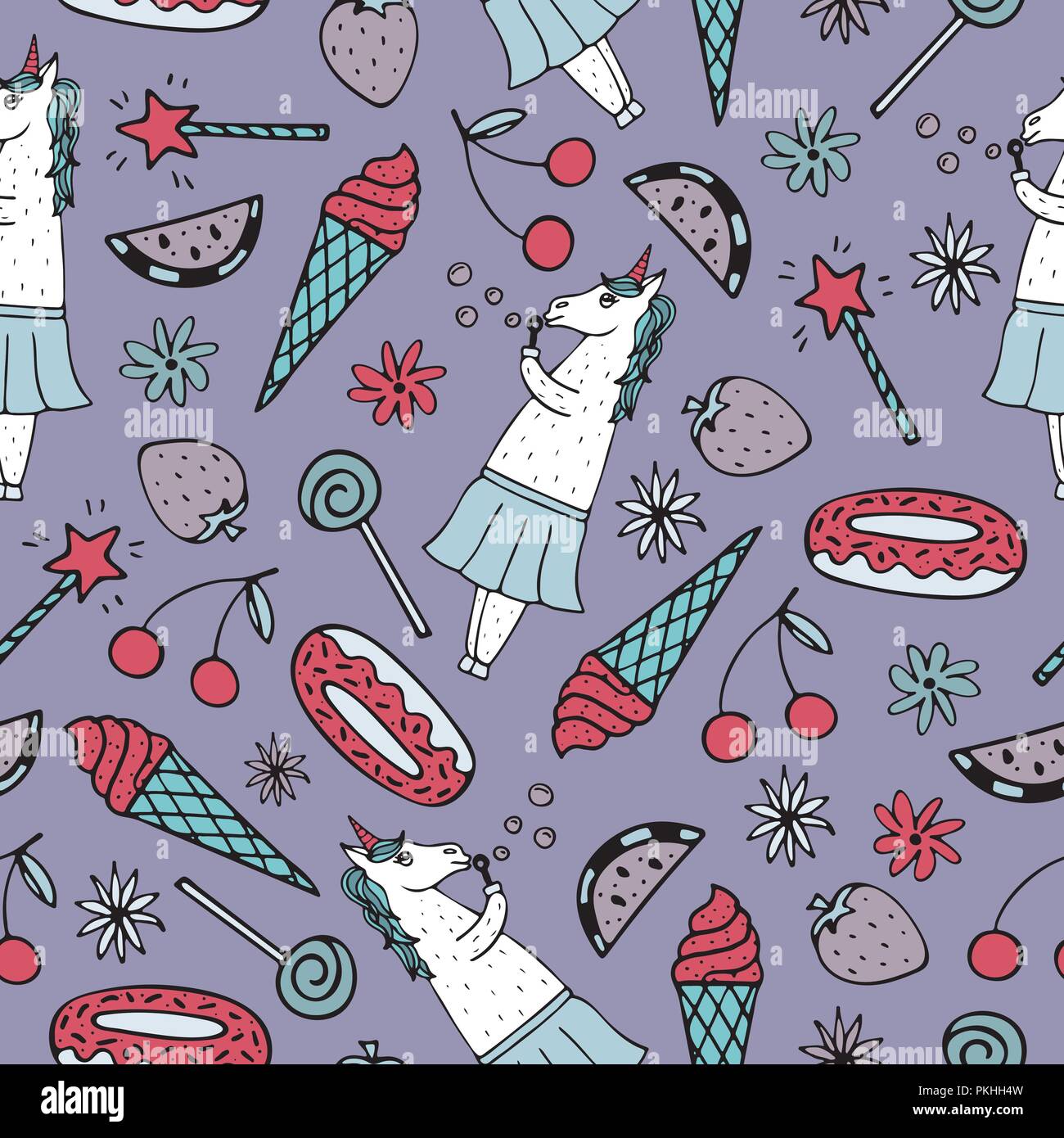 Bella seamless pattern con disegnati a mano e unicorns carino scarabocchi. Illustrazione Vettoriale