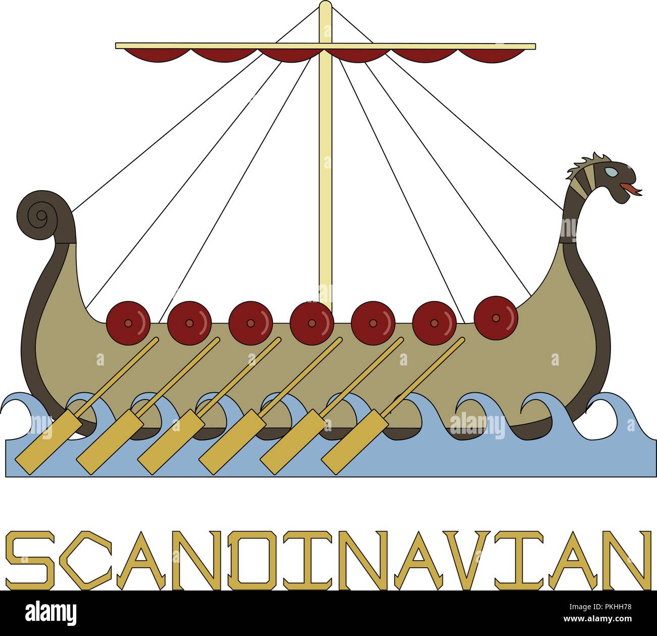 Illustrazione luminoso della vita scandinavo. Nave dei Vichinghi. Illustrazione Vettoriale
