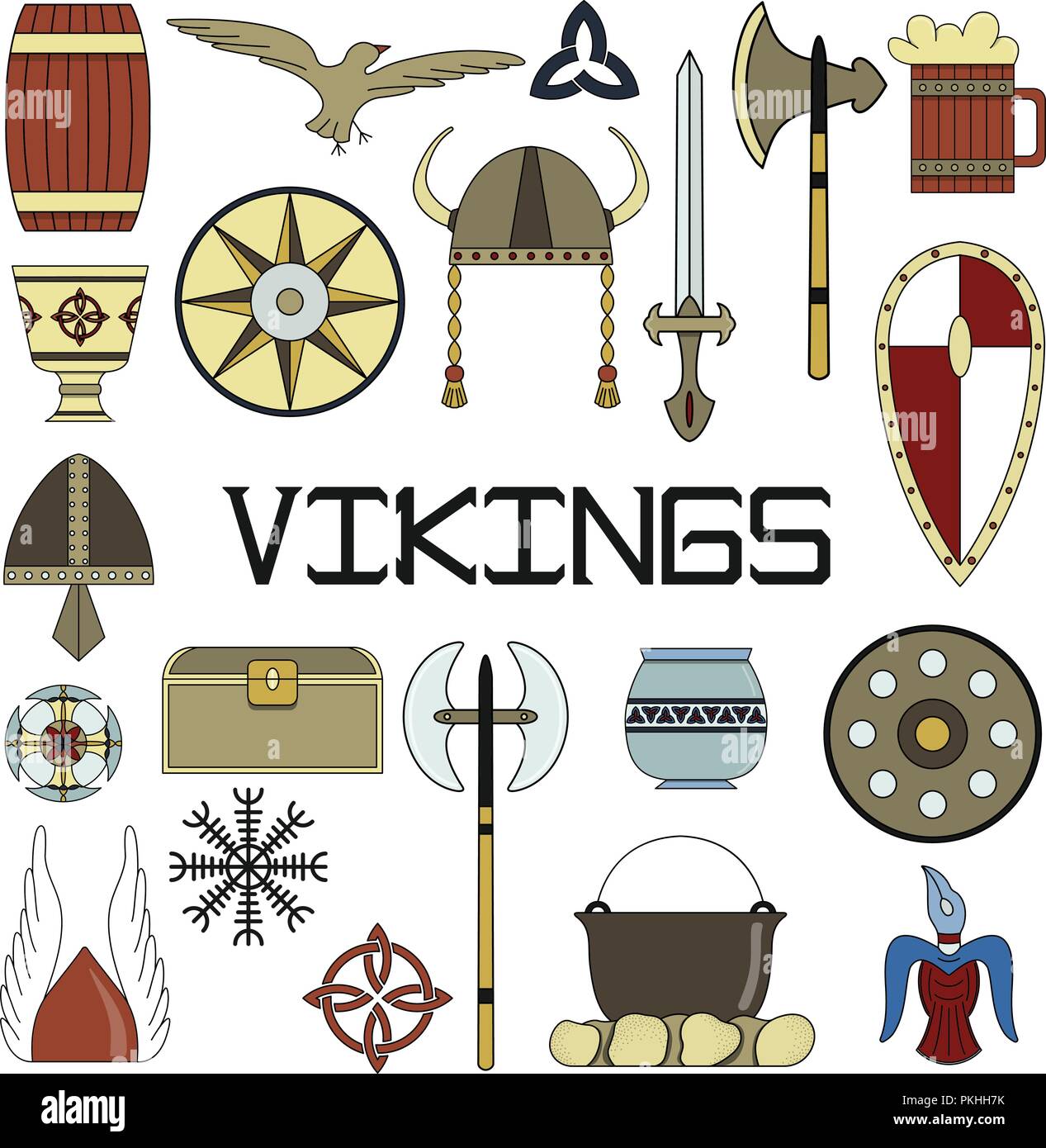 Serie di brillanti illustrazioni vettoriali per la progettazione di Viking la vita. Illustrazione Vettoriale