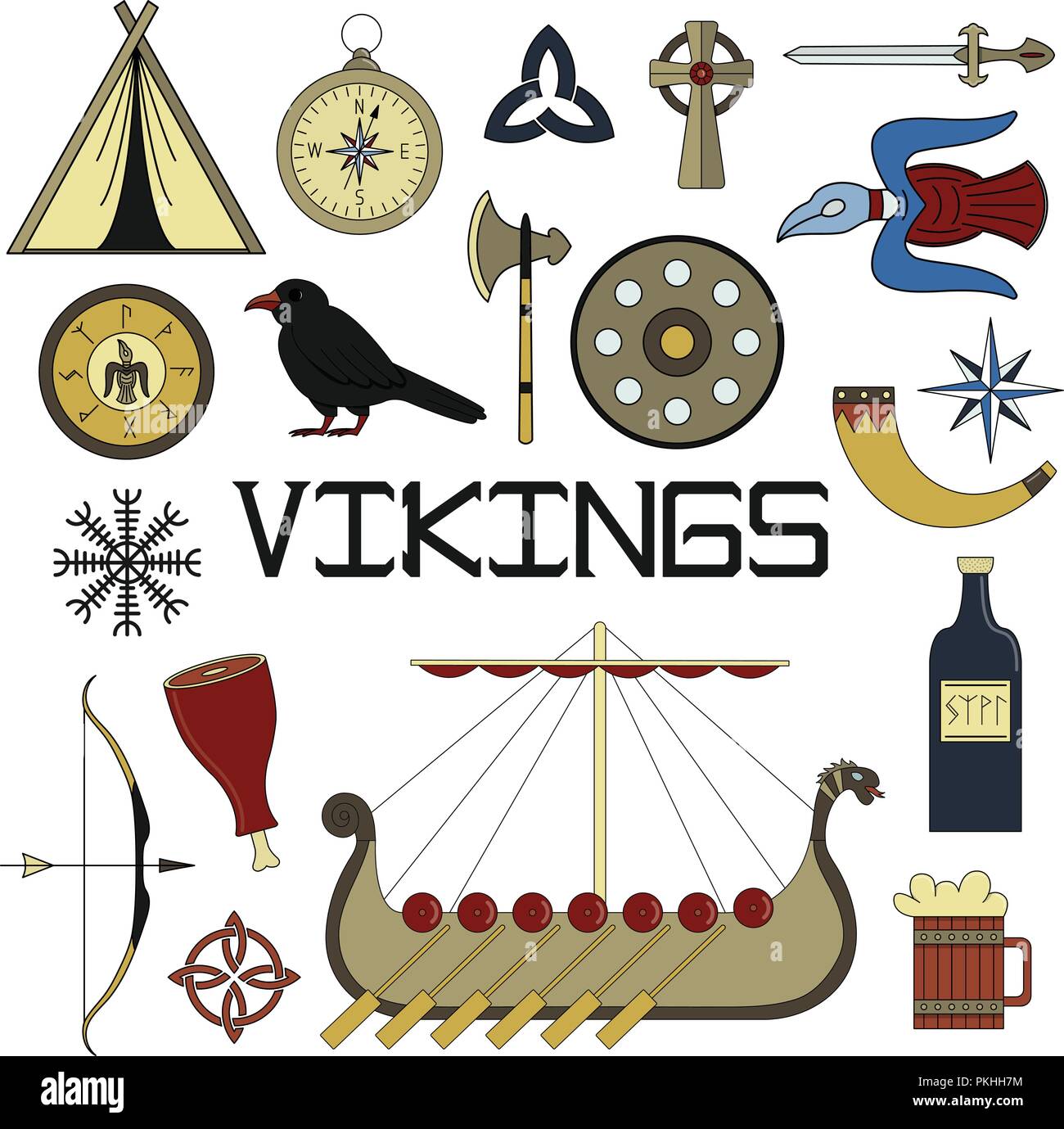 Serie di brillanti illustrazioni vettoriali per la progettazione di Viking la vita. Illustrazione Vettoriale
