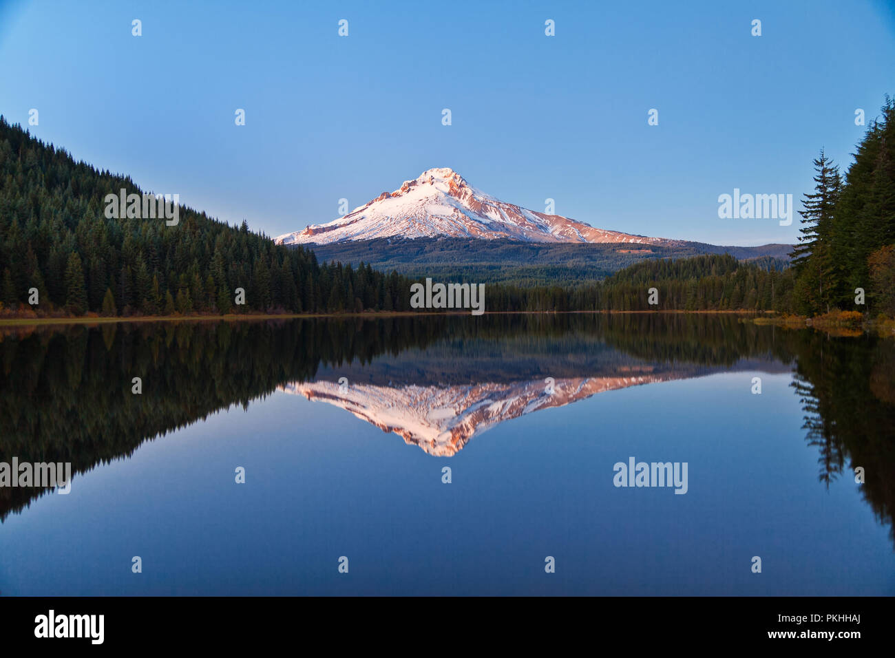 Cappa Mt riflettendo in Trillium Lake, Oregon con un cielo blu chiaro Foto Stock